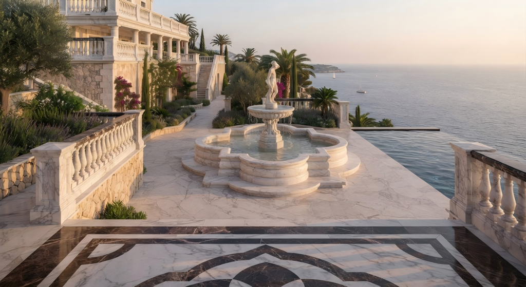 Travertine Marble Outdoor Patio Dining Table Set, Luxury Villa & French Riviera Estate Garden, Factory Direct Wholesale
