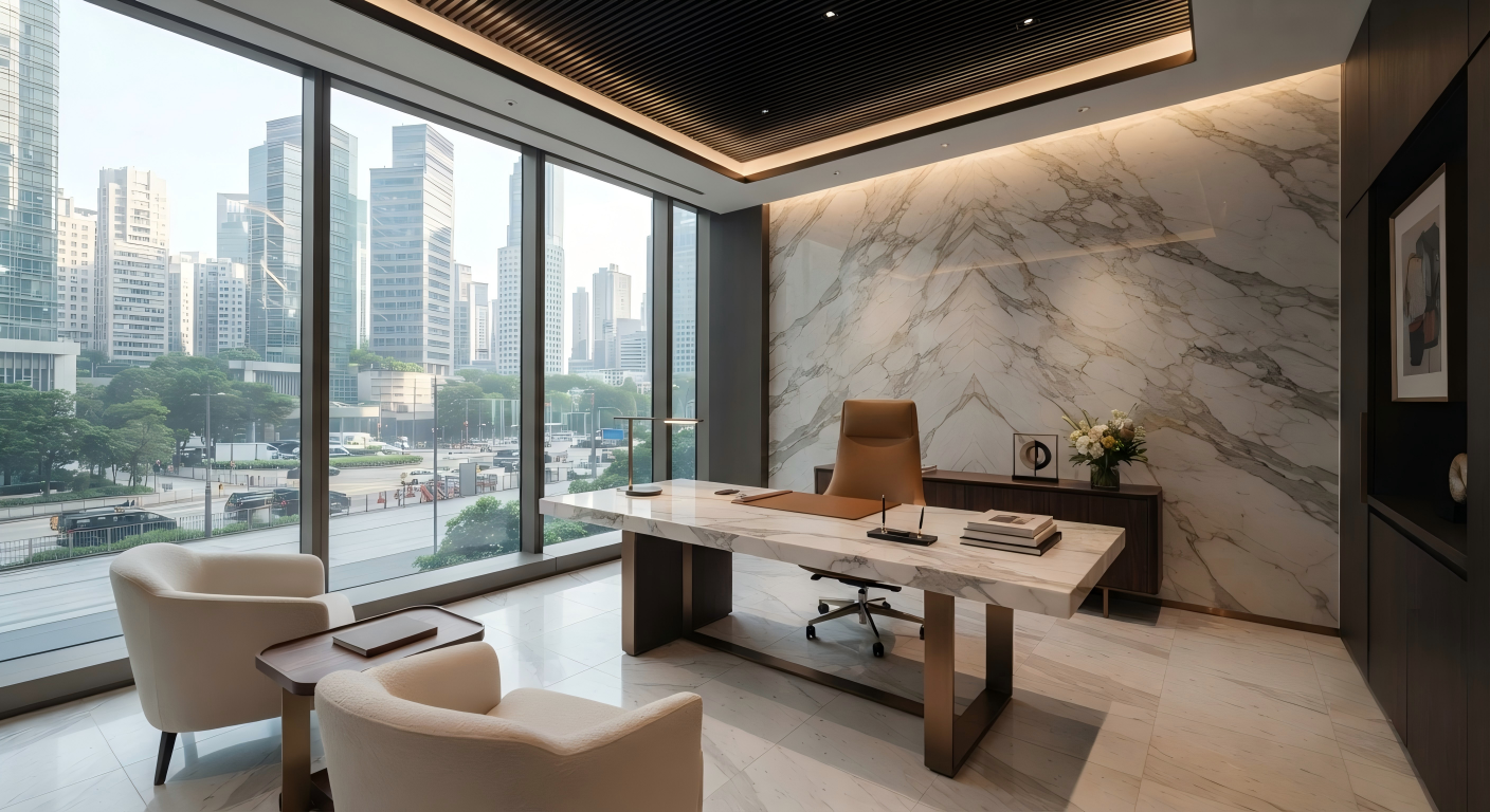 Nero Marquina & White Marble Executive Conference Table in Modern Boardroom, Corporate Headquarters Interior, Factory Direct Wholesale