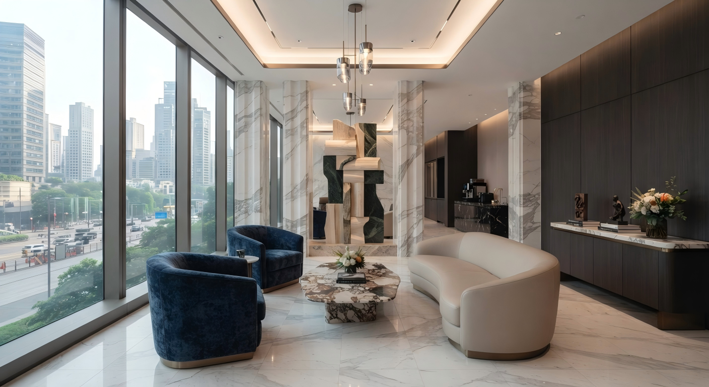Carrara White Marble Book-Matched Feature Wall, Corporate Headquarters Lounge & Executive Office, Factory Direct Wholesale
