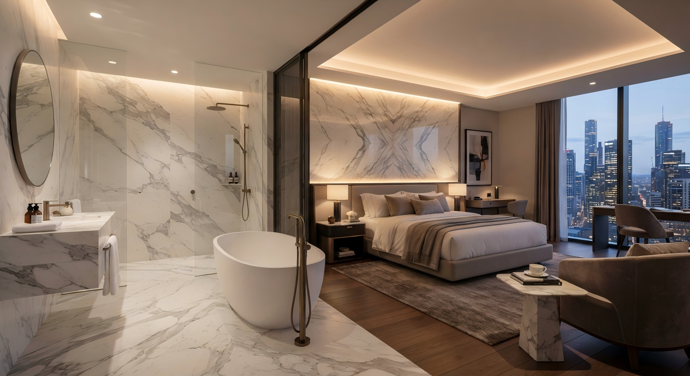 Luxury Marble Hotel Suite Bedroom Interior, High-End Hospitality Design, Factory Direct Wholesale
