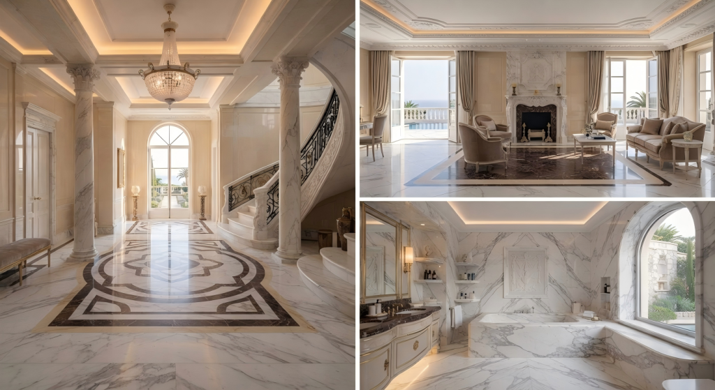 Emperador Dark Marble Curved Staircase in Luxury Villa, French Riviera Estate Interior, Factory Direct Wholesale