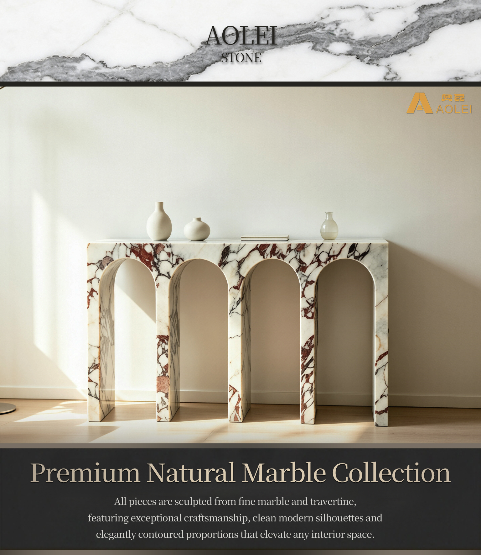 Rosso Levanto Marble Multi-Arch Base Console Table for Art-Deco Interior, Customized marble size