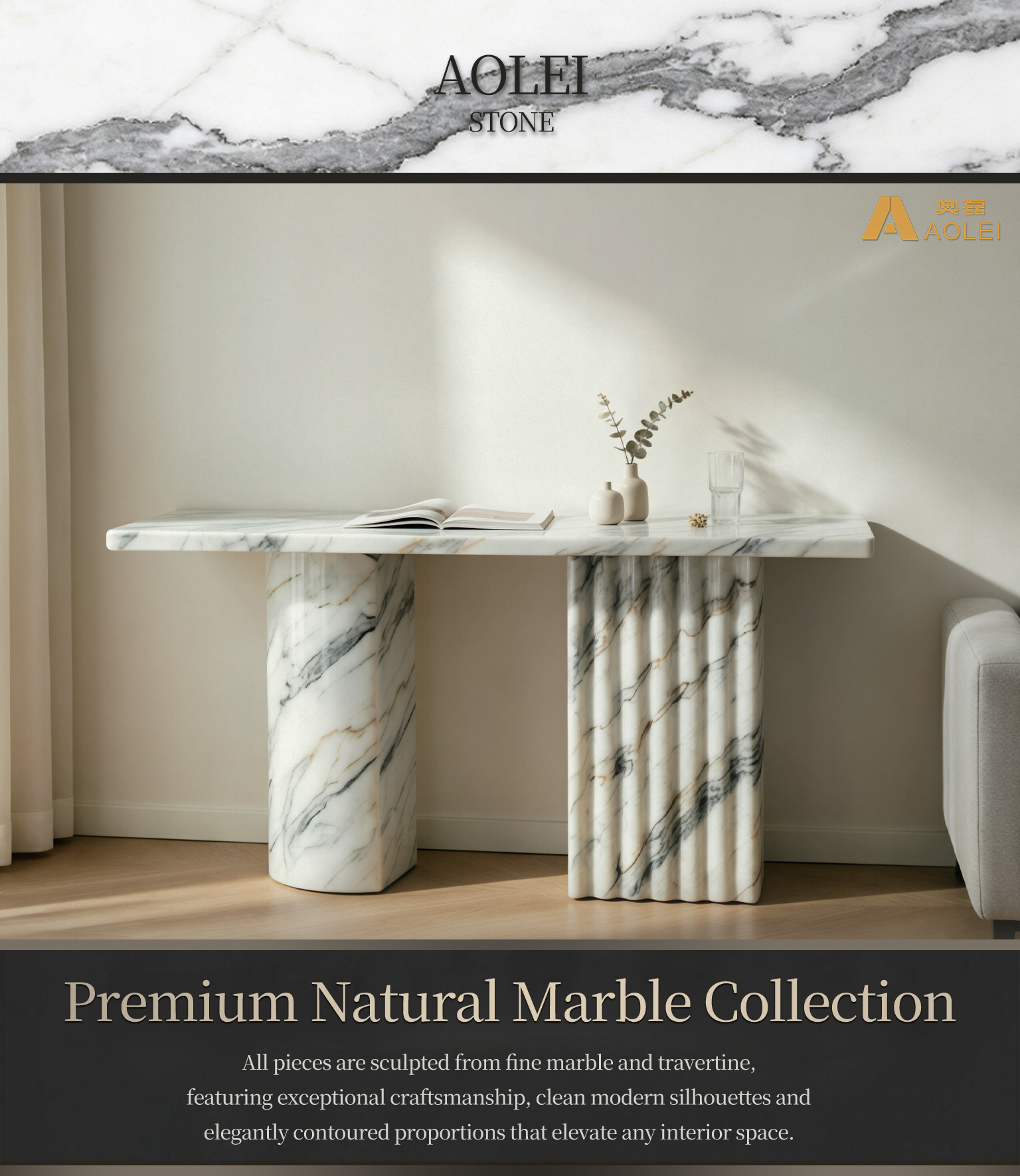 Statuario White Marble Fluted-Pedestal Console Table for High-End Foyer, Customized marble size