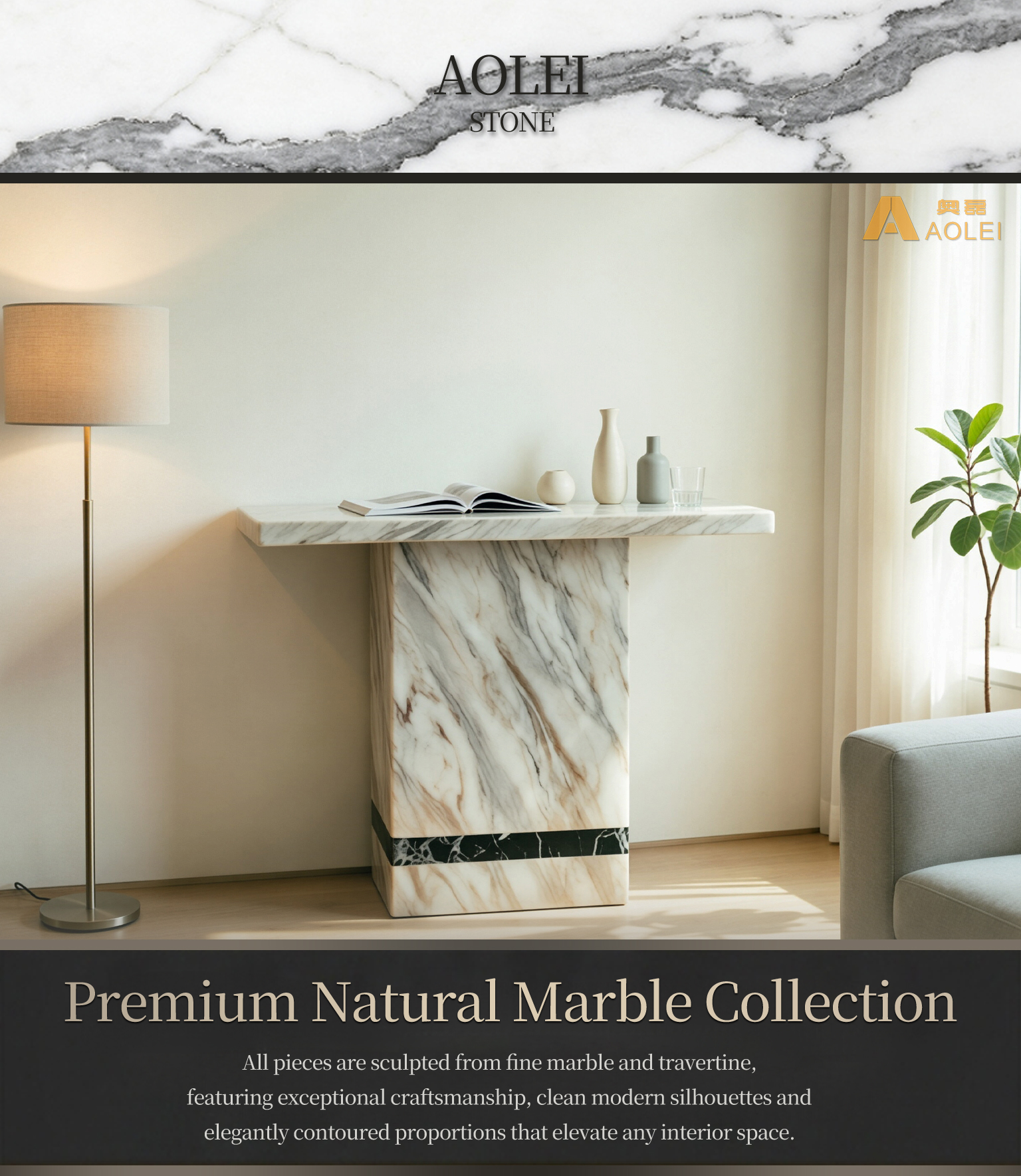 Wooden Brown Marble Console Table for Modern Living Room and Entryway, Customized marble size