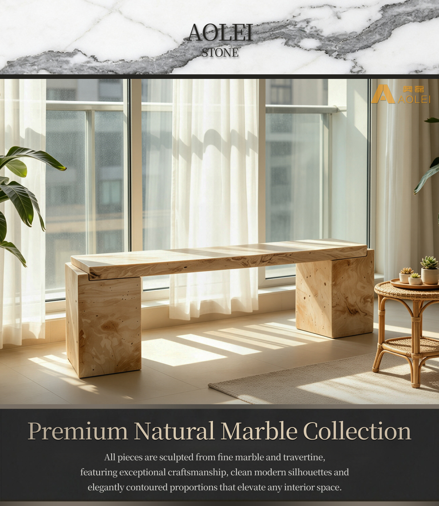 Beige Travertine Low-Profile Console Table for Wabi-Sabi Style Living Room, Customized marble size