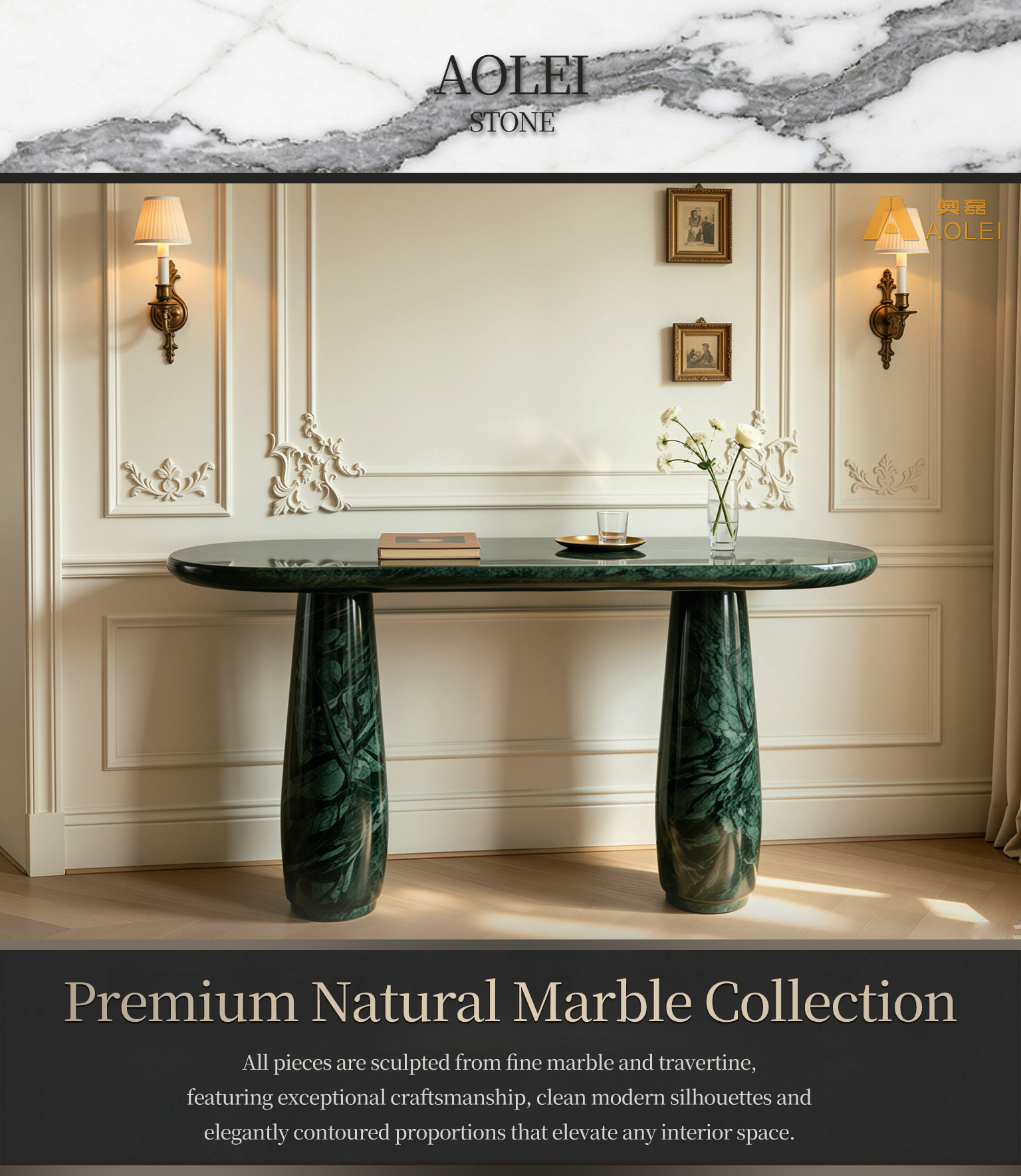 Verdi Alpi Marble Twin-Cylinder Console Table for Minimalist Interior and Hallway, Customized marble size