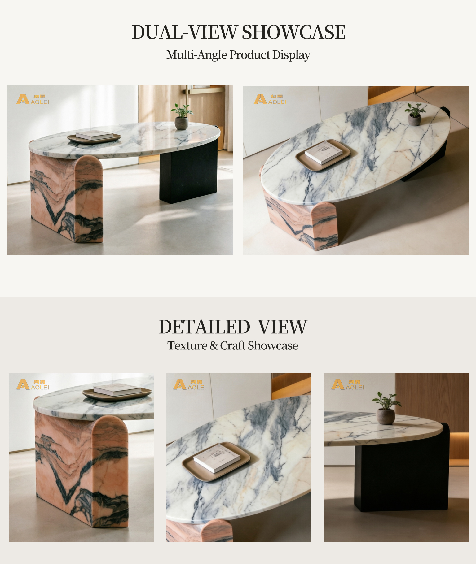 White Marble Round Low Coffee Table with Mixed Stone Legs Close-Up, Natural Stone Texture, Premium Craftsmanship & Polished/Honed Finish, Customized marble size