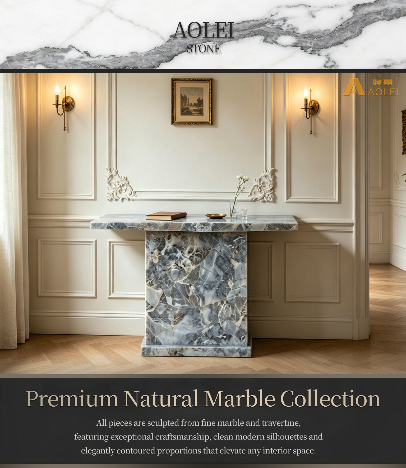 Grey Landscape Marble Slab-Base Console Table for Contemporary Foyer and Office, Customized marble size
