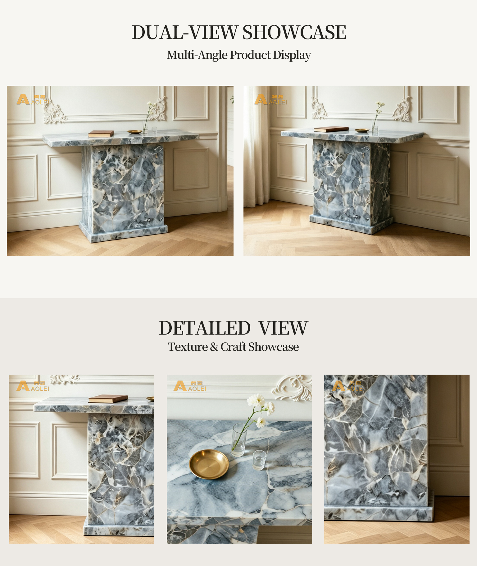 Grey Landscape Marble Slab-Base Console Table for Contemporary Foyer and Office, Customized marble size