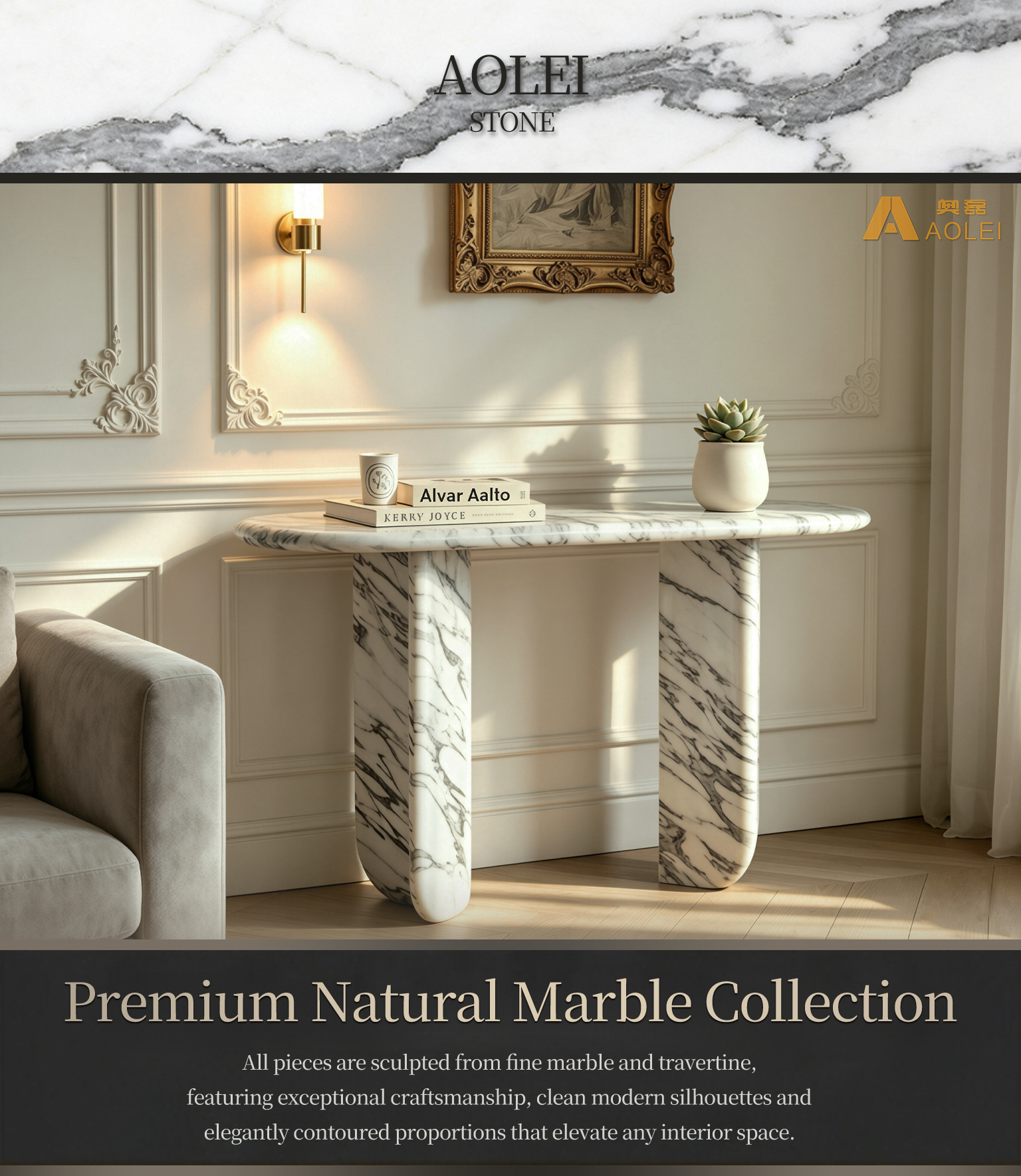 Bianco Carrara Marble Curved-Leg Console Table for Elegant Living Space, Customized marble size