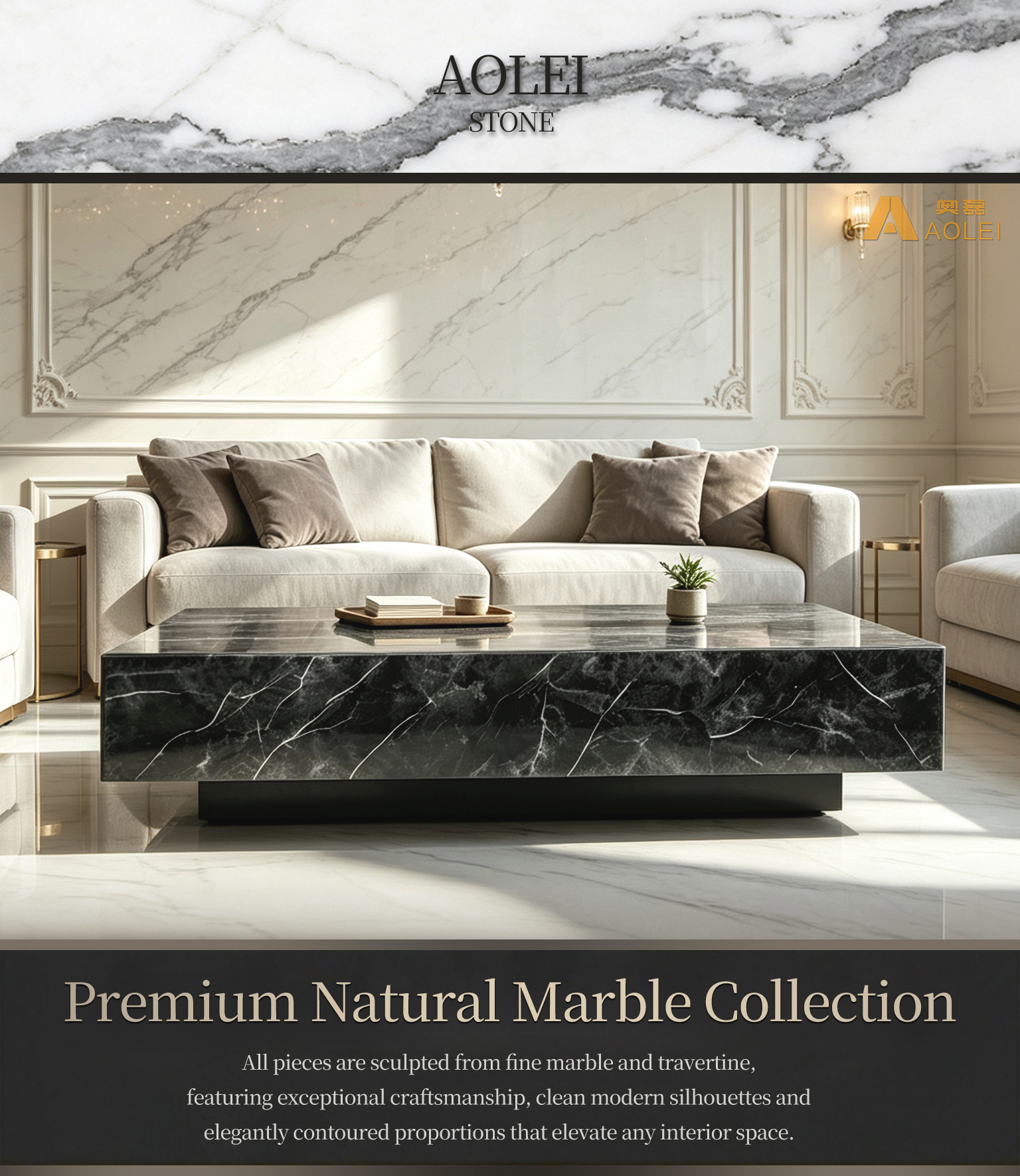 Nero Marquina Low-Profile Large-Scale Coffee Table in Modern Interior, Living Room & Executive Suite, Customized marble size