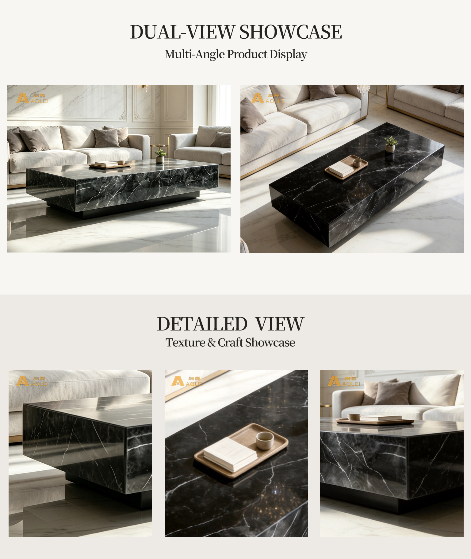 Nero Marquina Low-Profile Large-Scale Coffee Table Close-Up, Natural Stone Texture, Premium Craftsmanship & Polished/Honed Finish, Customized marble size