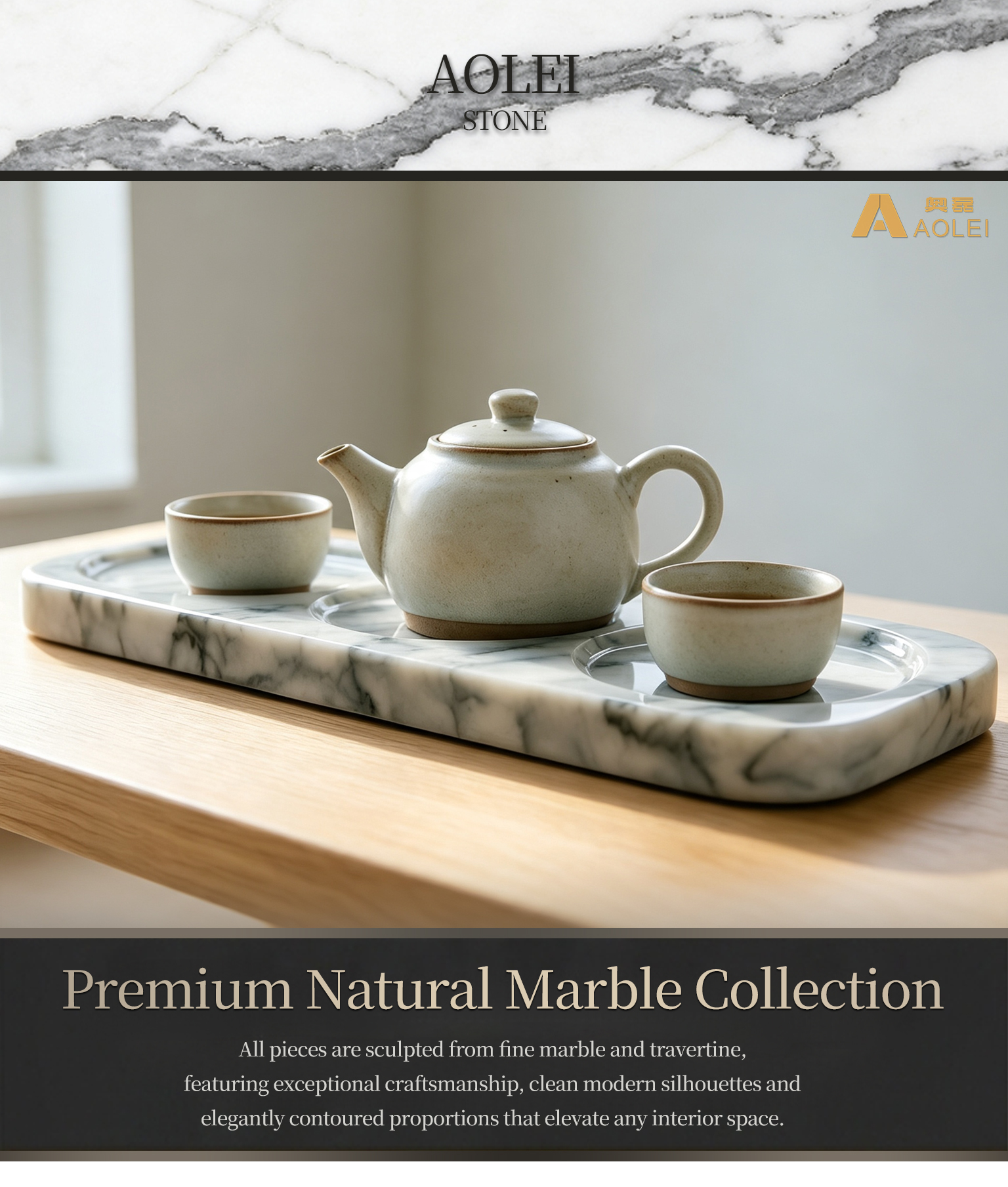 Modern Oval Grey Vein Marble Tea Tray with three compartments for luxury dining tables and home décor.
