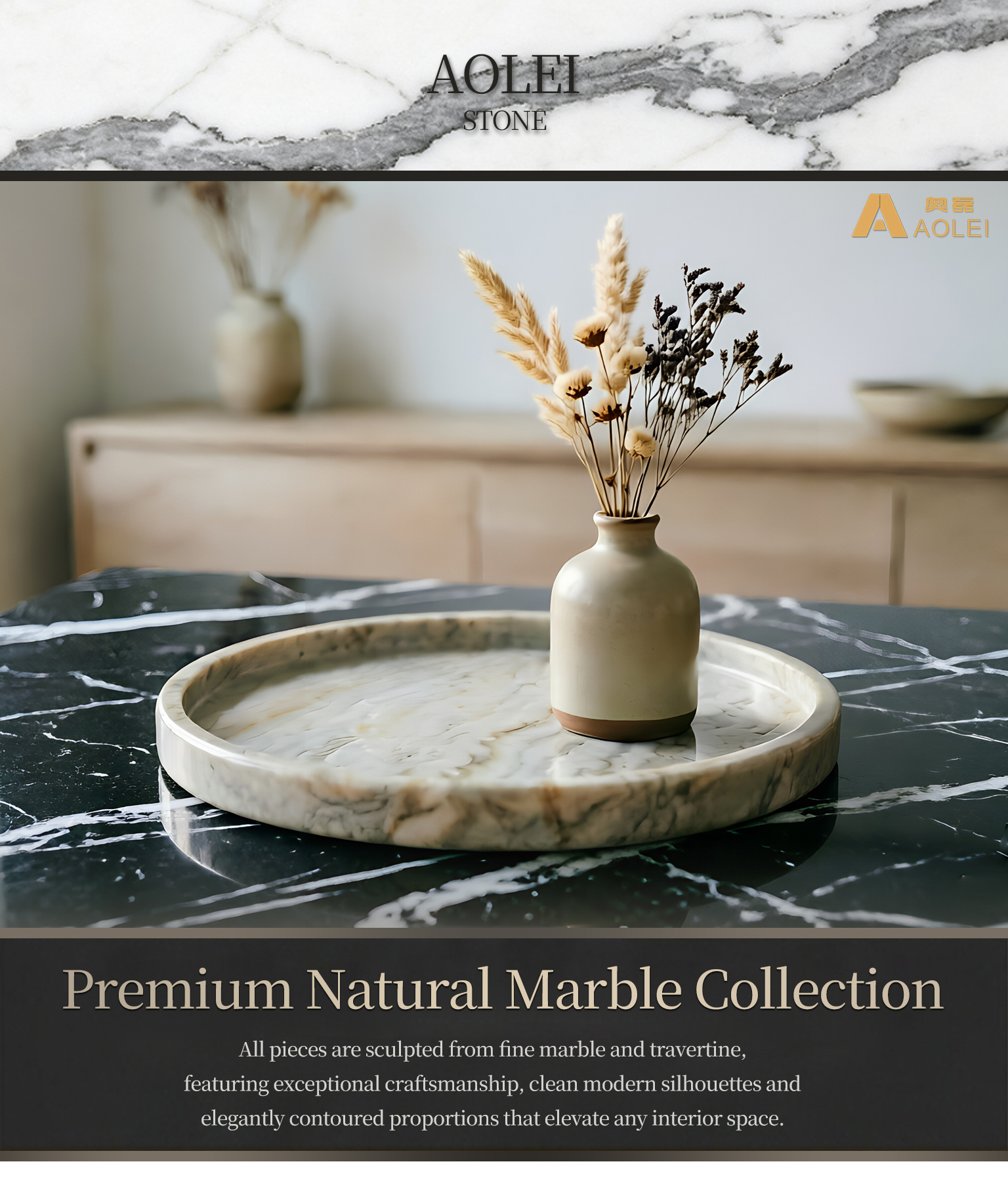 Minimalist Round Travertine Marble Tea Tray for modern living rooms, coffee tables and hotel décor.