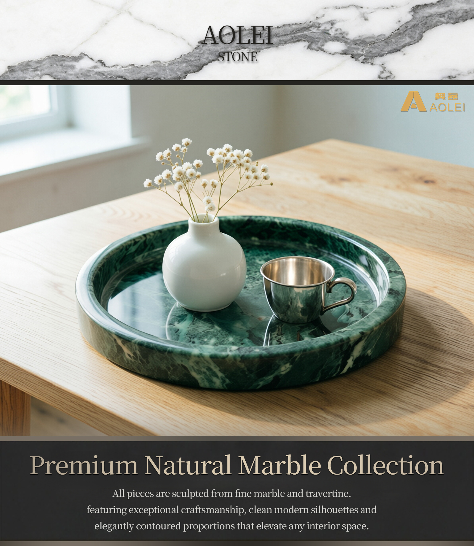 Luxury Round Verde Alpi Marble Tea Tray for luxury homes, executive offices and hotel interiors.