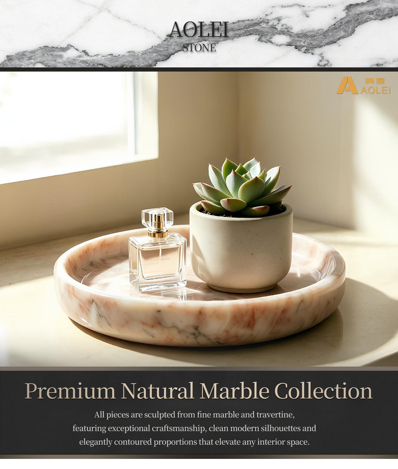 Luxury Round Rosa Onyx Marble Tea Tray for vanity tops, coffee tables and elegant home décor.