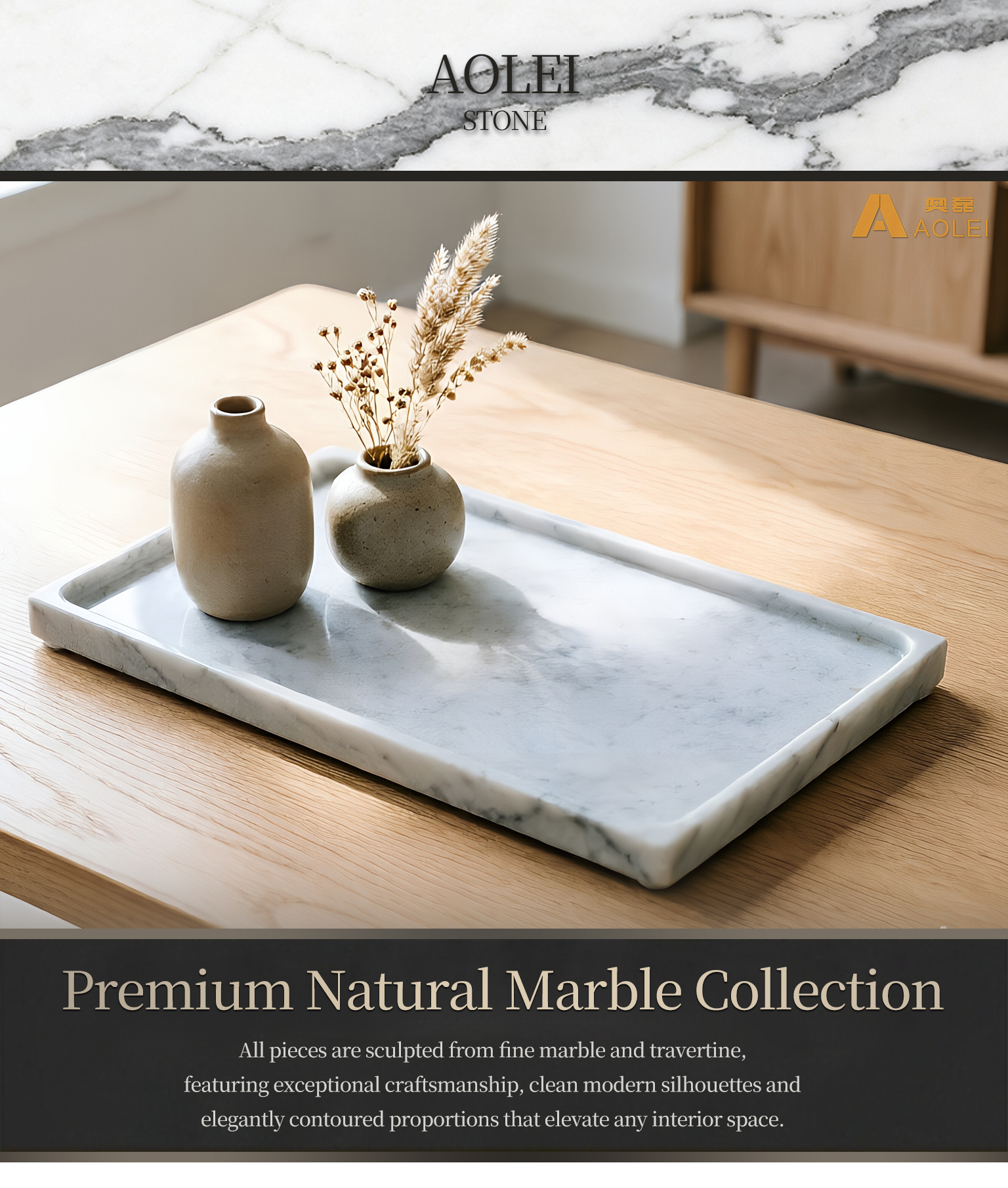 Grey Marble Minimalist Rectangular Tea Tray in Modern Interior, Kitchens and Dining Tables, Customized marble size