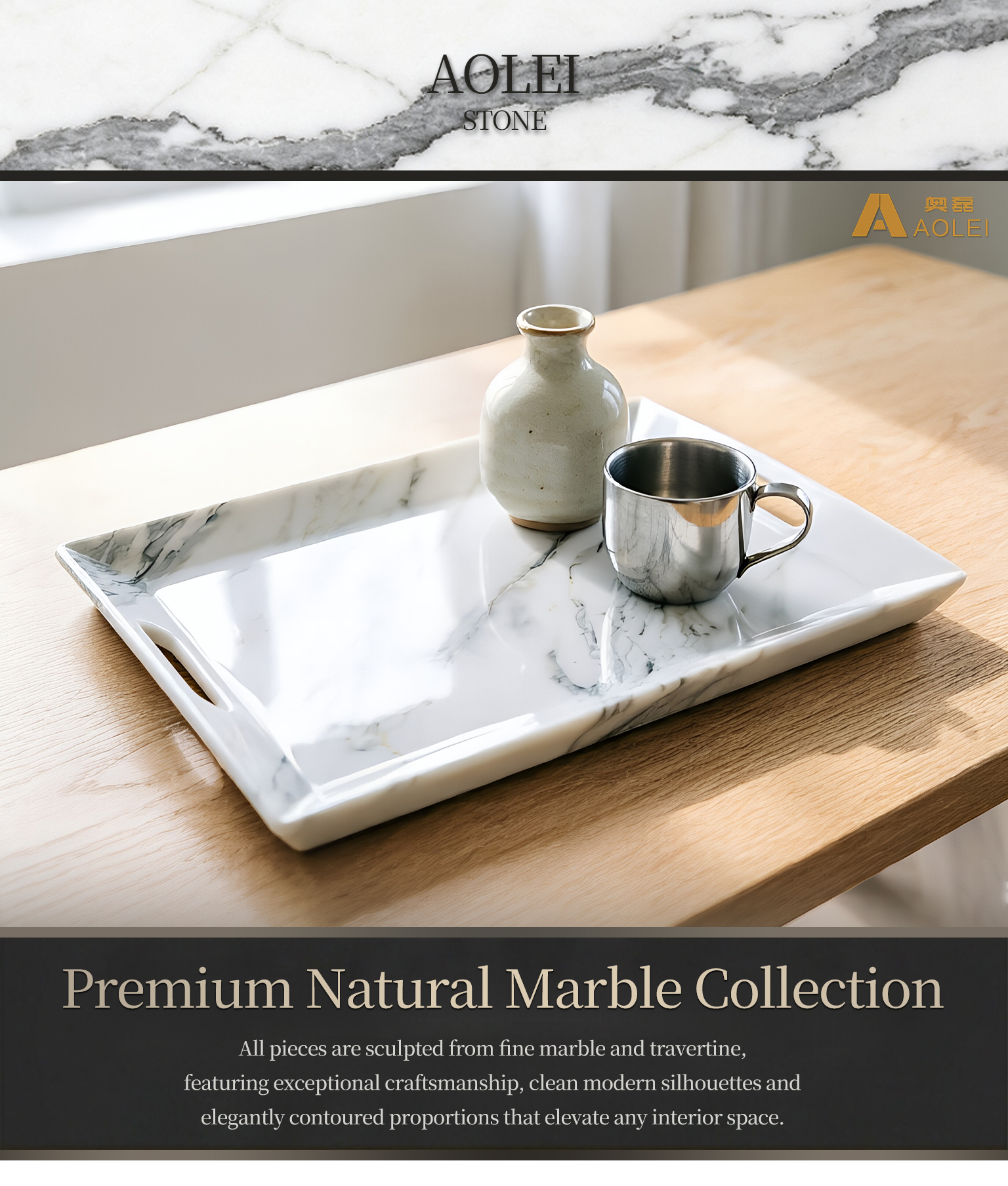 Carrara White Marble Modern Rectangular Serving Tray with Handles in Modern Interior, Dining and Hospitality, Customized marble size