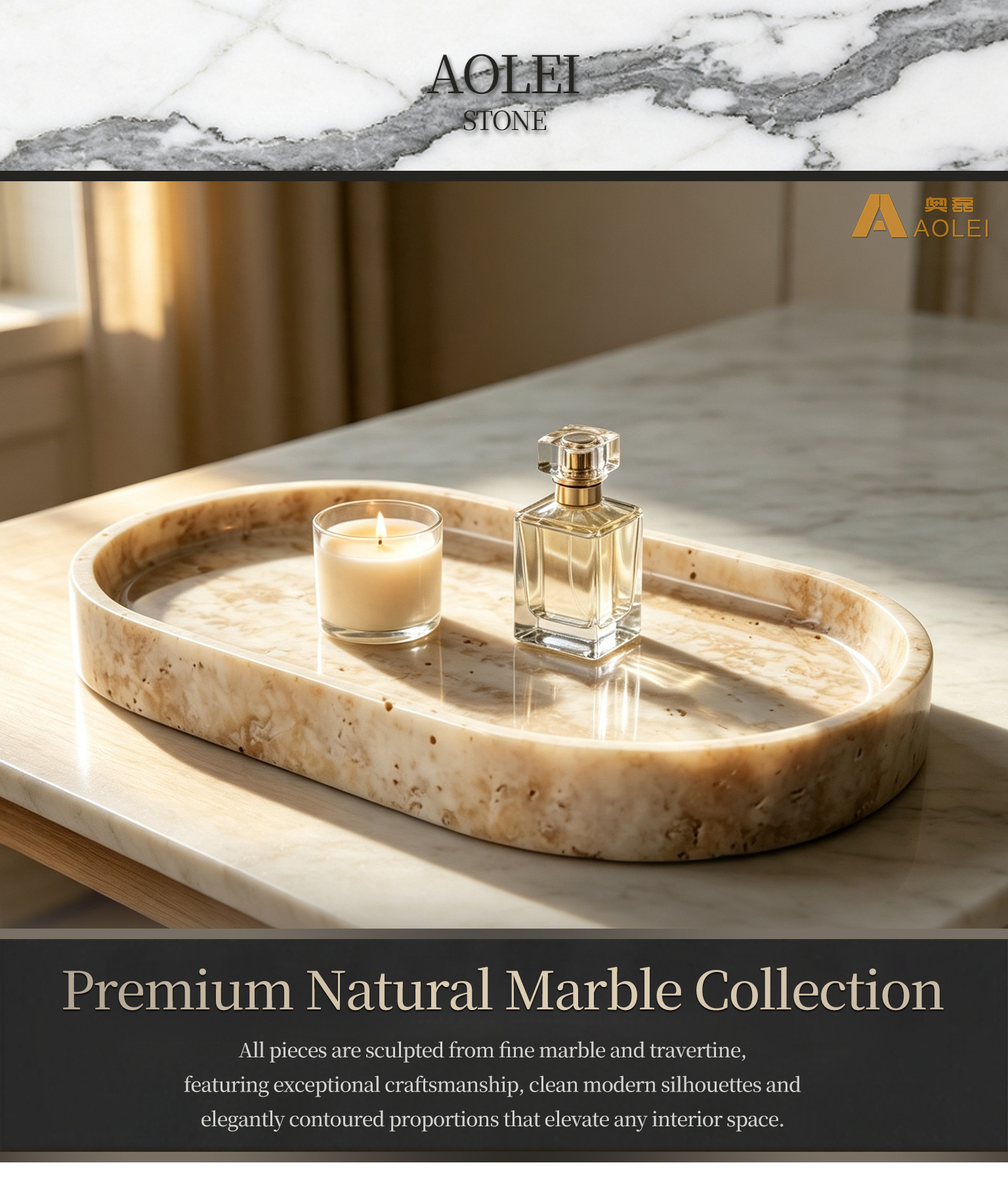 Travertine Marble Luxury Oval Tea Tray in Modern Interior, Hotels, Villas and Elegant Homes, Customized marble size