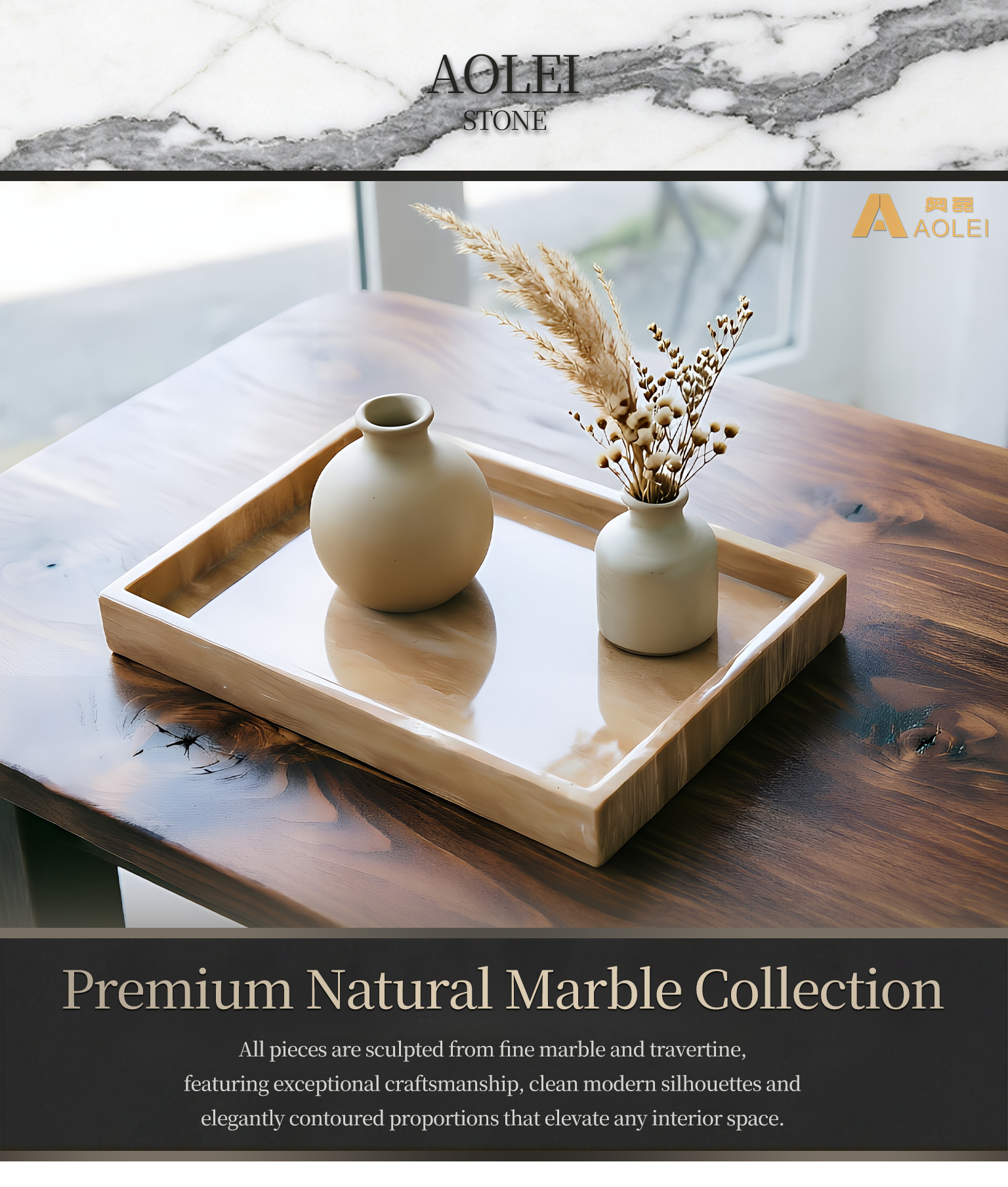 Wood Grain Travertine Marble Modern Square Tea Tray in Modern Interior, Dining Tables and Living Spaces, Customized marble size