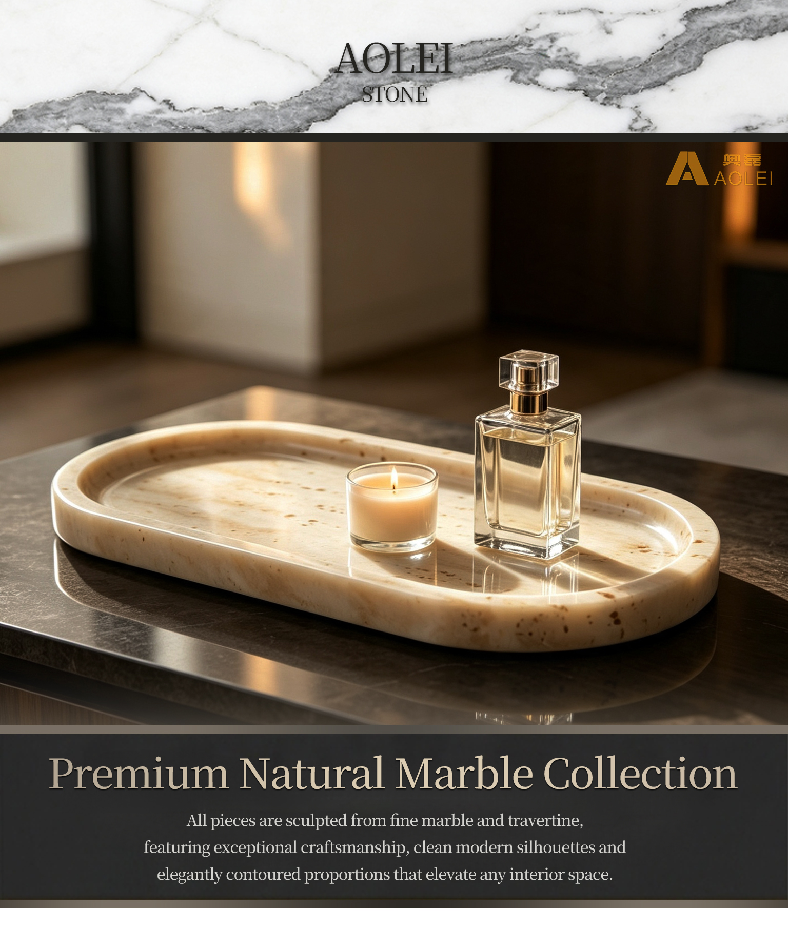 Travertine Marble Luxury Oval Tea Tray in Modern Interior, Modern Homes and Luxury Hotels, Customized marble size