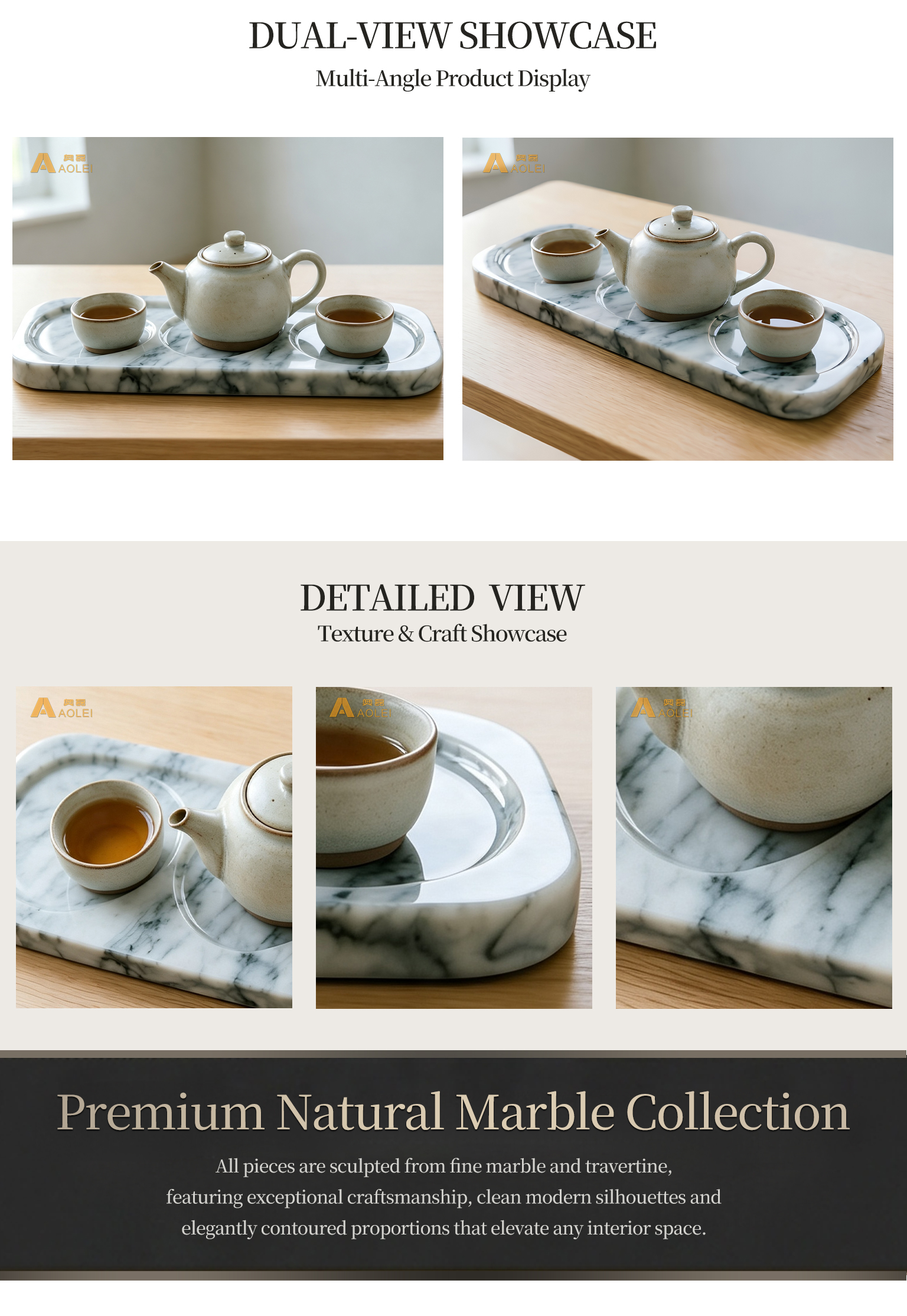 Modern Oval Grey Vein Marble Tea Tray with three compartments for luxury dining tables and home décor.