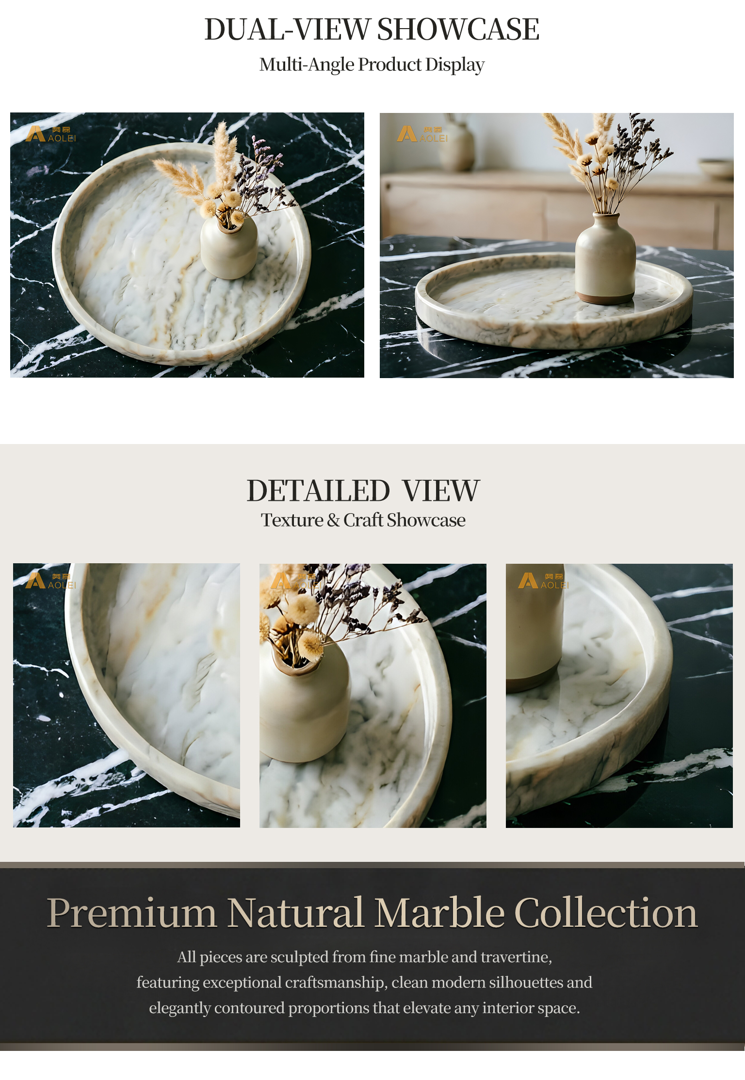 Minimalist Round Travertine Marble Tea Tray for modern living rooms, coffee tables and hotel décor.
