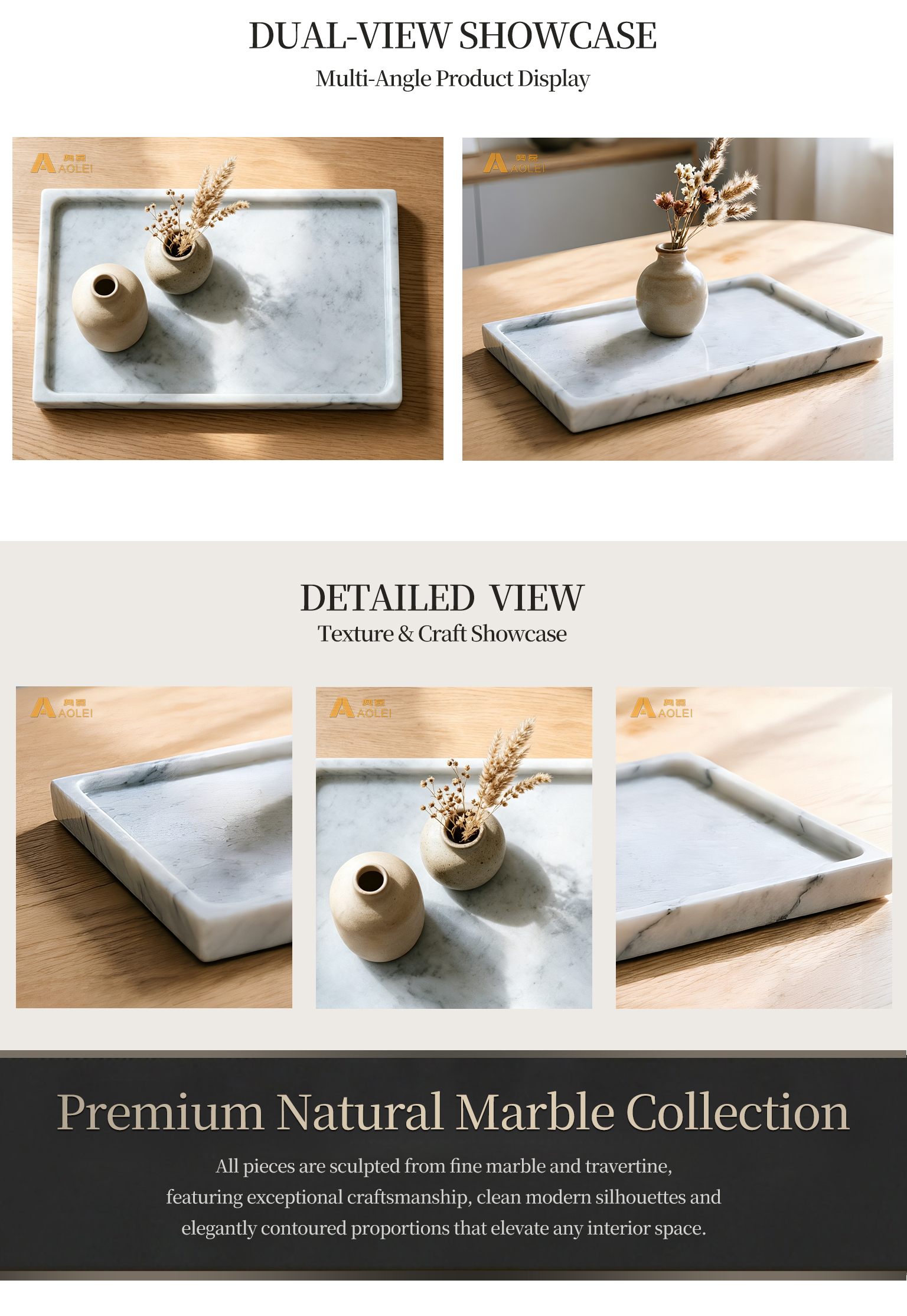 Grey Marble Minimalist Rectangular Tea Tray Close-Up, Natural Stone Texture, Premium Craftsmanship & Polished/Honed Finish, Customized marble size