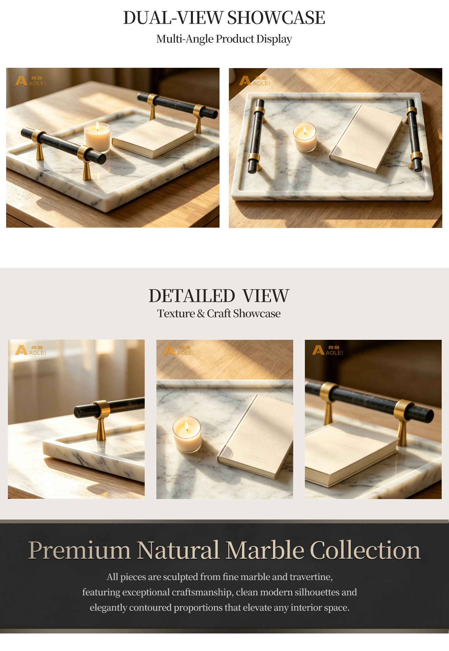Carrara White Marble Luxury Rectangular Serving Tray Close-Up, Natural Stone Texture, Premium Craftsmanship & Polished/Honed Finish, Customized marble size
