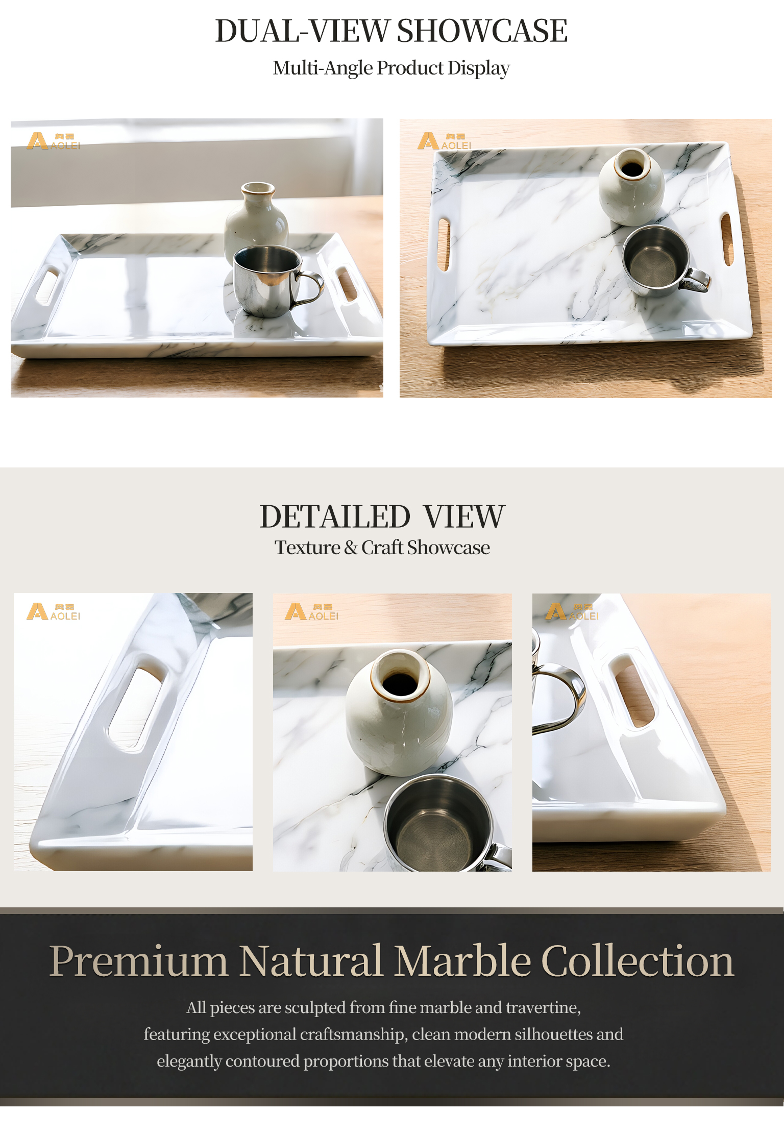 Carrara White Marble Modern Rectangular Serving Tray with Handles Close-Up, Natural Stone Texture, Premium Craftsmanship & Polished/Honed Finish, Customized marble size