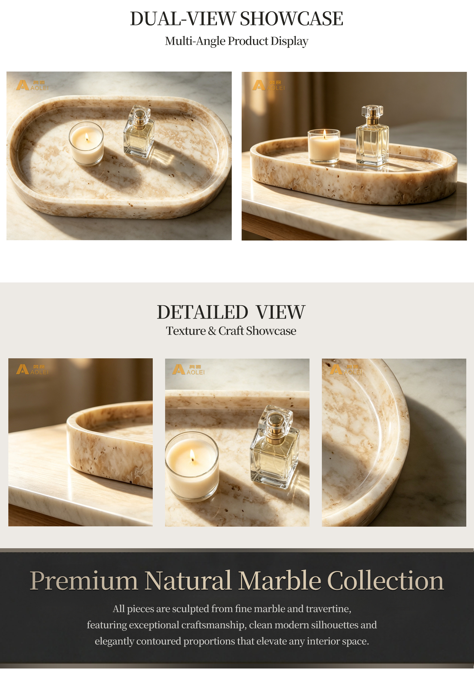 Travertine Marble Luxury Oval Tea Tray Close-Up, Natural Stone Texture, Premium Craftsmanship & Polished/Honed Finish, Customized marble size