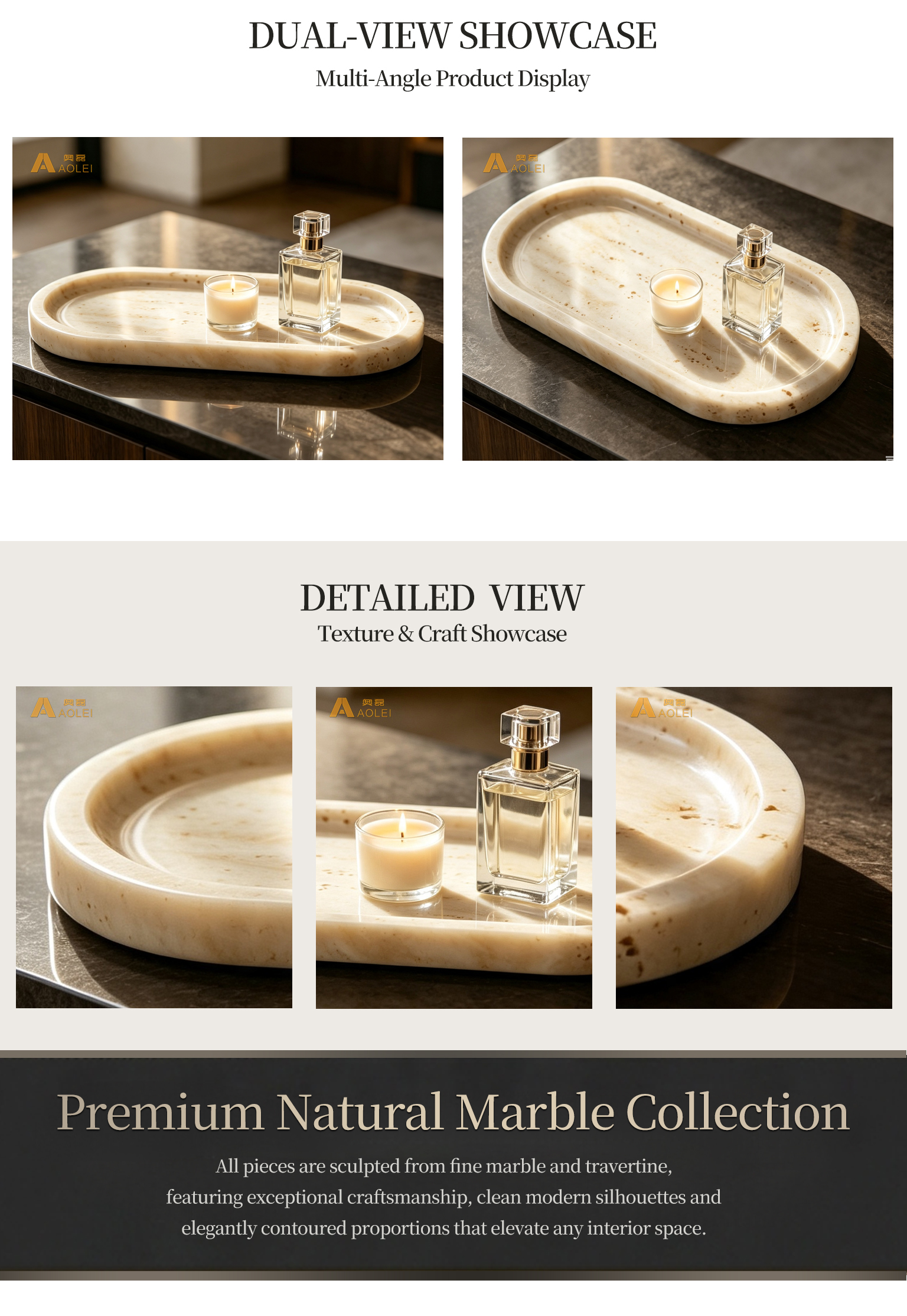 Travertine Marble Luxury Oval Tea Tray Close-Up, Natural Stone Texture, Premium Craftsmanship & Polished/Honed Finish, Customized marble size