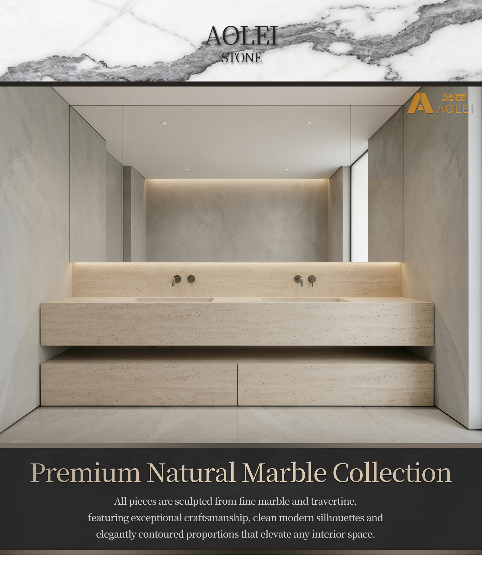 Beige Travertine Marble Wabi-Sabi Style Floating Double-Tier Vanity Close-Up, Natural Stone Texture, Premium Craftsmanship & Polished/Honed Finish, Customized marble size