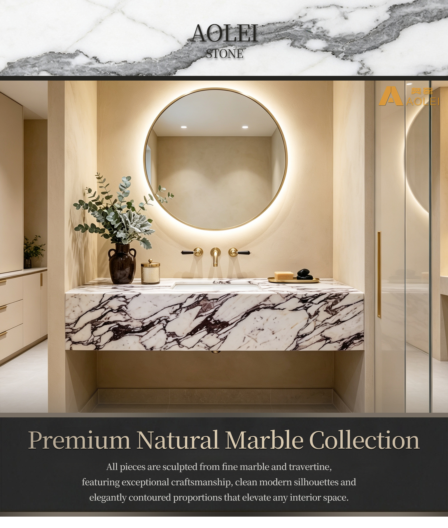 Calacatta Viola Marble Round-Mirror Wall-Mounted Vanity Close-Up, Natural Stone Texture, Premium Craftsmanship & Polished/Honed Finish, Customized marble size