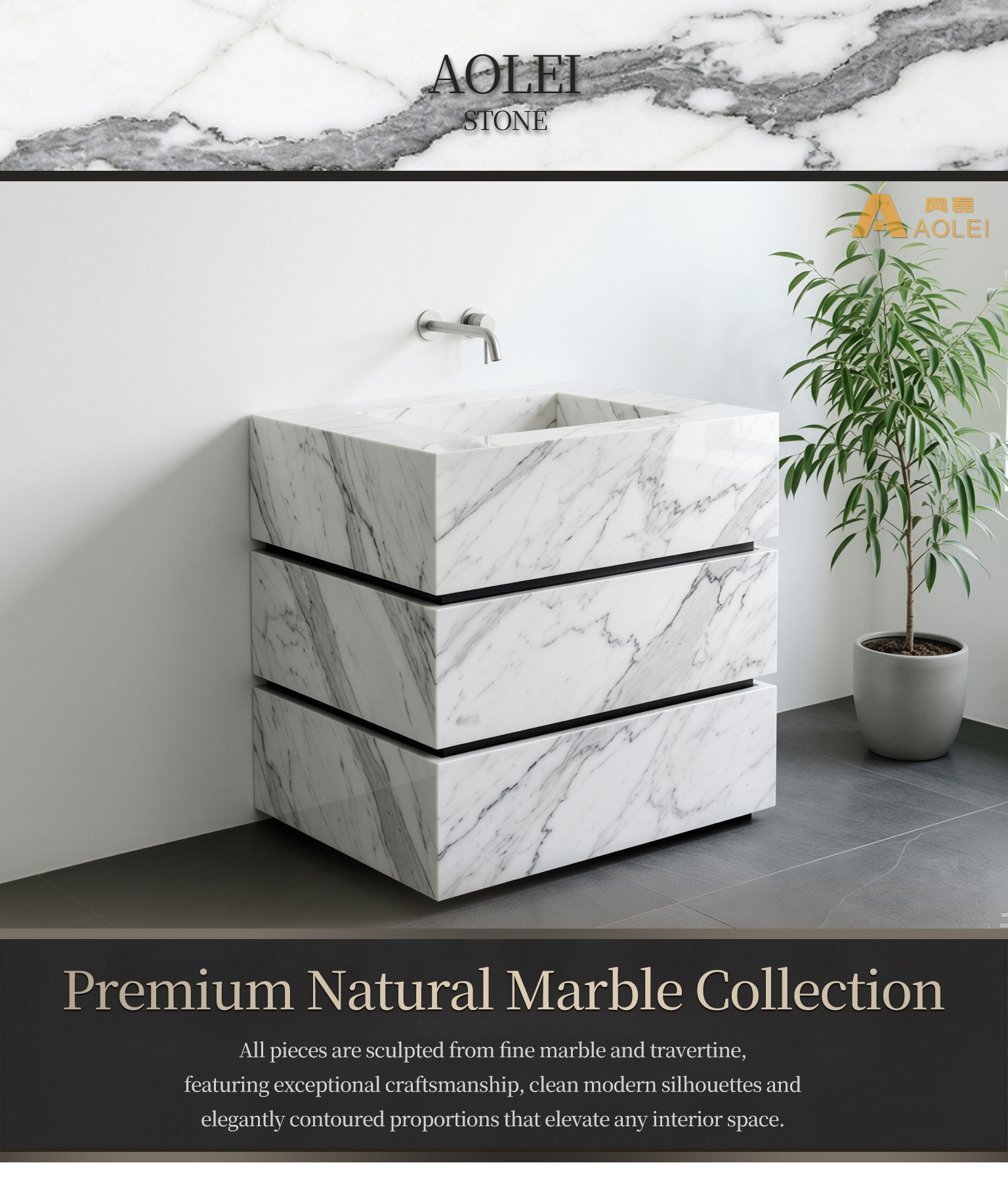 Volakas Marble Layered-Drawer Freestanding Vanity Cabinet Close-Up, Natural Marble Texture, Premium Stone Fabrication & Polished Finish, Factory Direct Wholesale