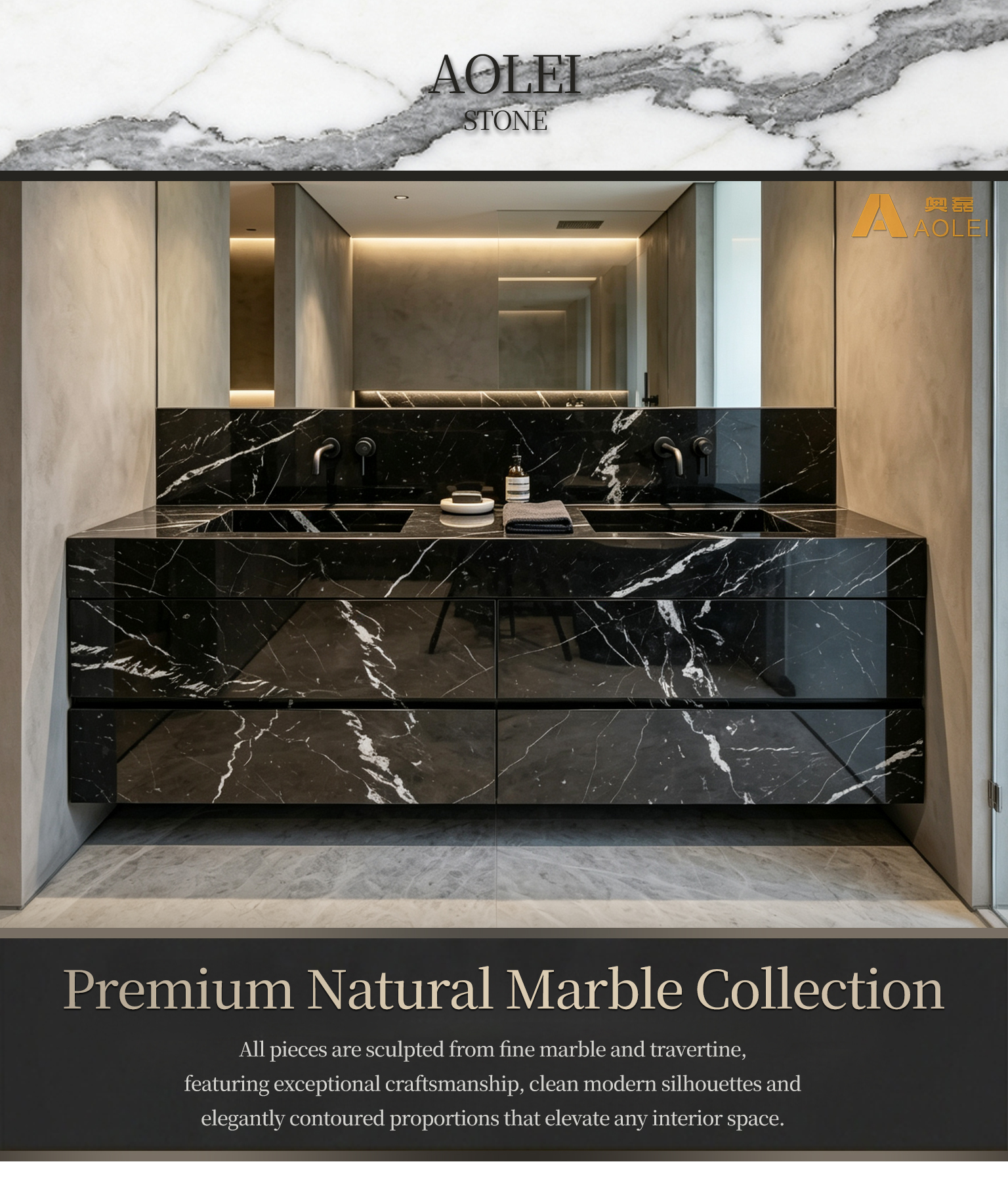 Nero Marquina Marble Wall-Mounted Double Sink Vanity Close-Up, Natural Marble Veining, Premium Craftsmanship & Polished Finish, Factory Direct Wholesale