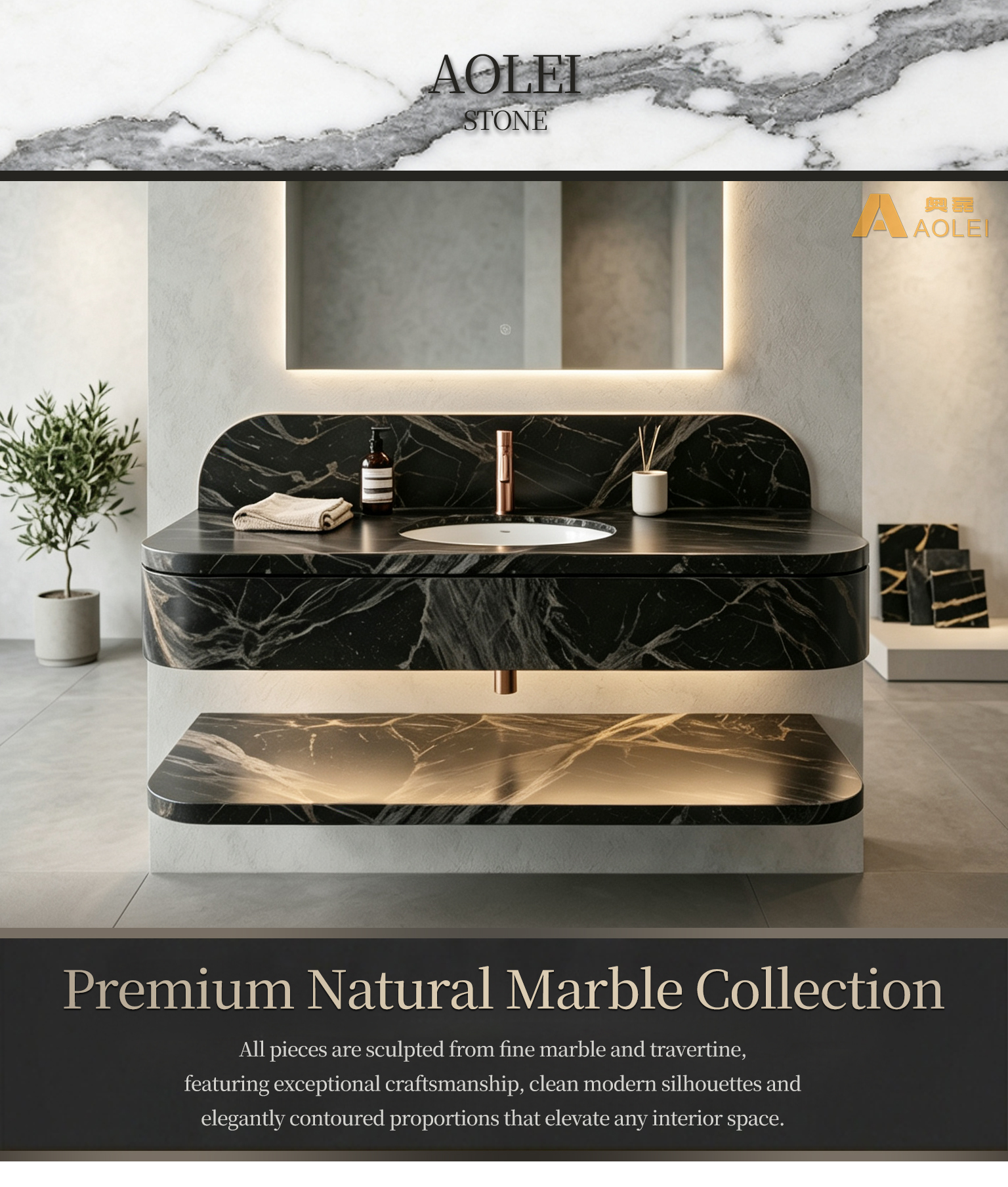Nero Marquina Marble Avant-Garde Double-Layer Floating Vanity Close-Up, Natural Stone Texture, Premium Craftsmanship & Polished/Honed Finish, Customized marble size