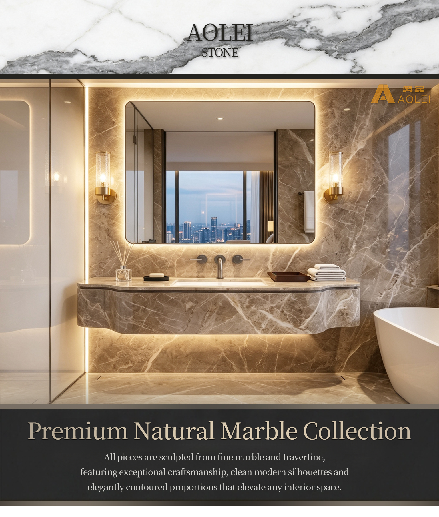 Brown Marble Retro-Style Wall-Mounted Vanity Close-Up, Natural Stone Texture, Premium Craftsmanship & Polished/Honed Finish, Customized marble size