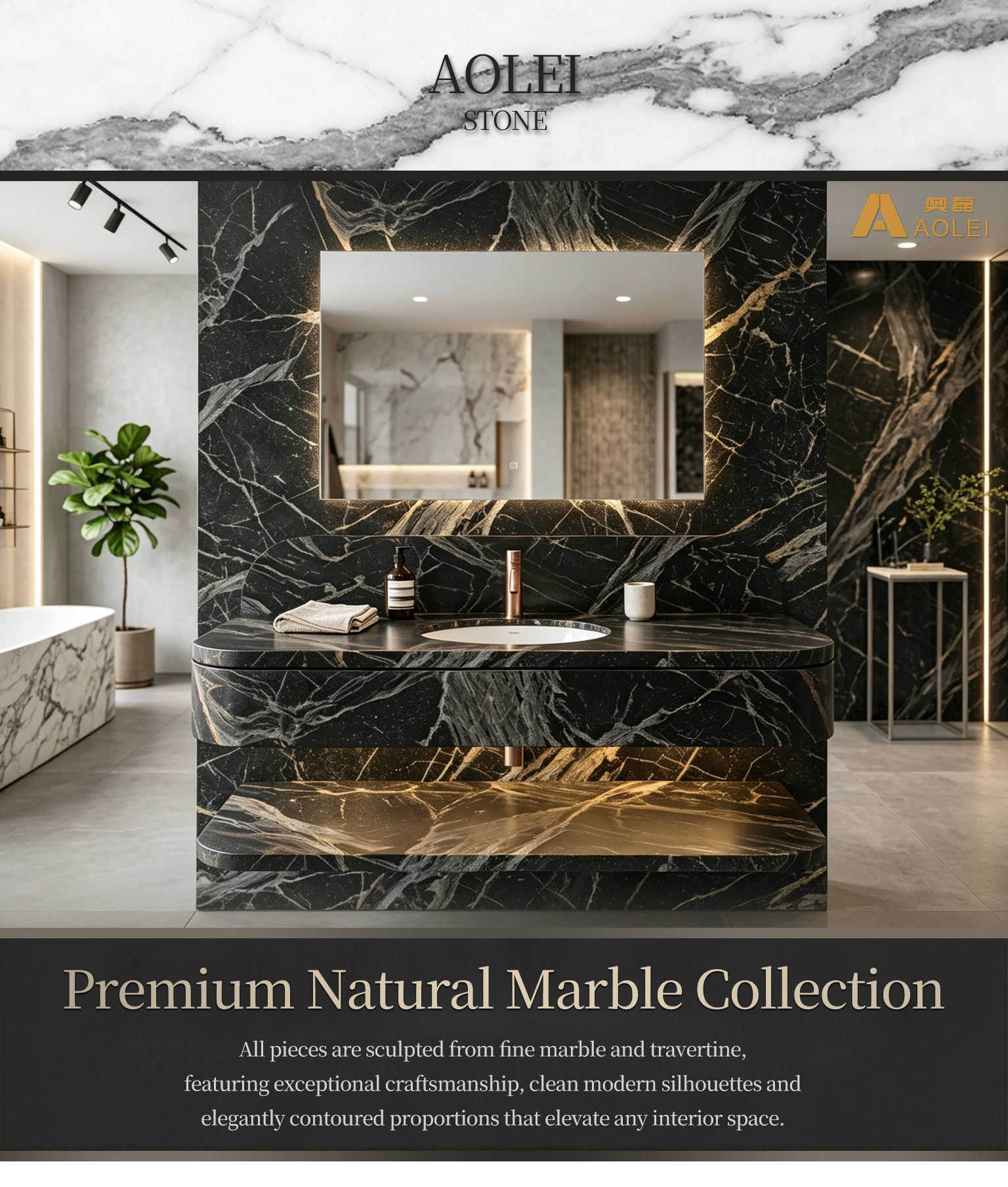 Gold-Vein Black Marble Floor-Standing Vanity Close-Up, Natural Stone Texture, Premium Craftsmanship & Polished/Honed Finish, Customized marble size