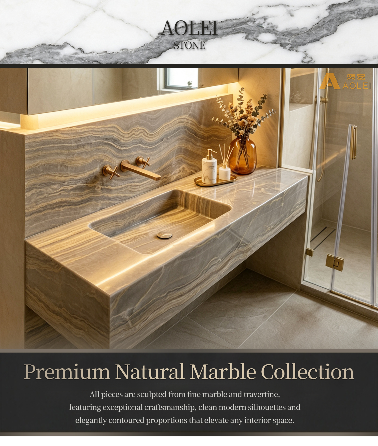 Wooden Beige Travertine Marble Integrated Basin Vanity Close-Up, Natural Stone Texture, Premium Craftsmanship & Polished/Honed Finish, Customized marble size