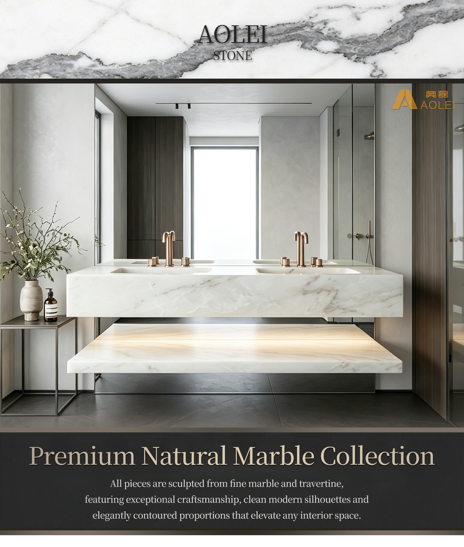 Volakas Marble Floating Double-Shelf Vanity Close-Up, Natural Stone Texture, Premium Craftsmanship & Polished/Honed Finish, Customized marble size