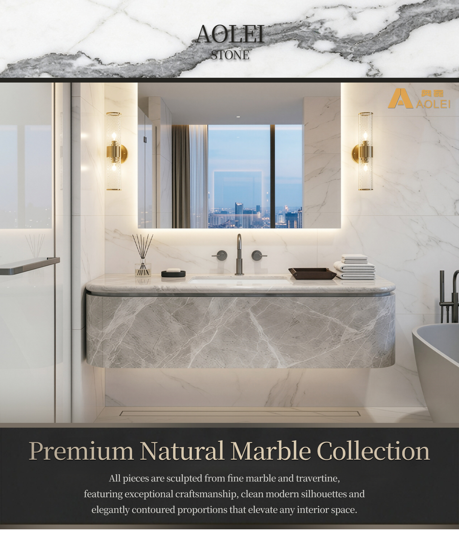 Grey Marble Backlit-Mirror Floating Vanity Close-Up, Natural Stone Texture, Premium Craftsmanship & Polished/Honed Finish, Customized marble size