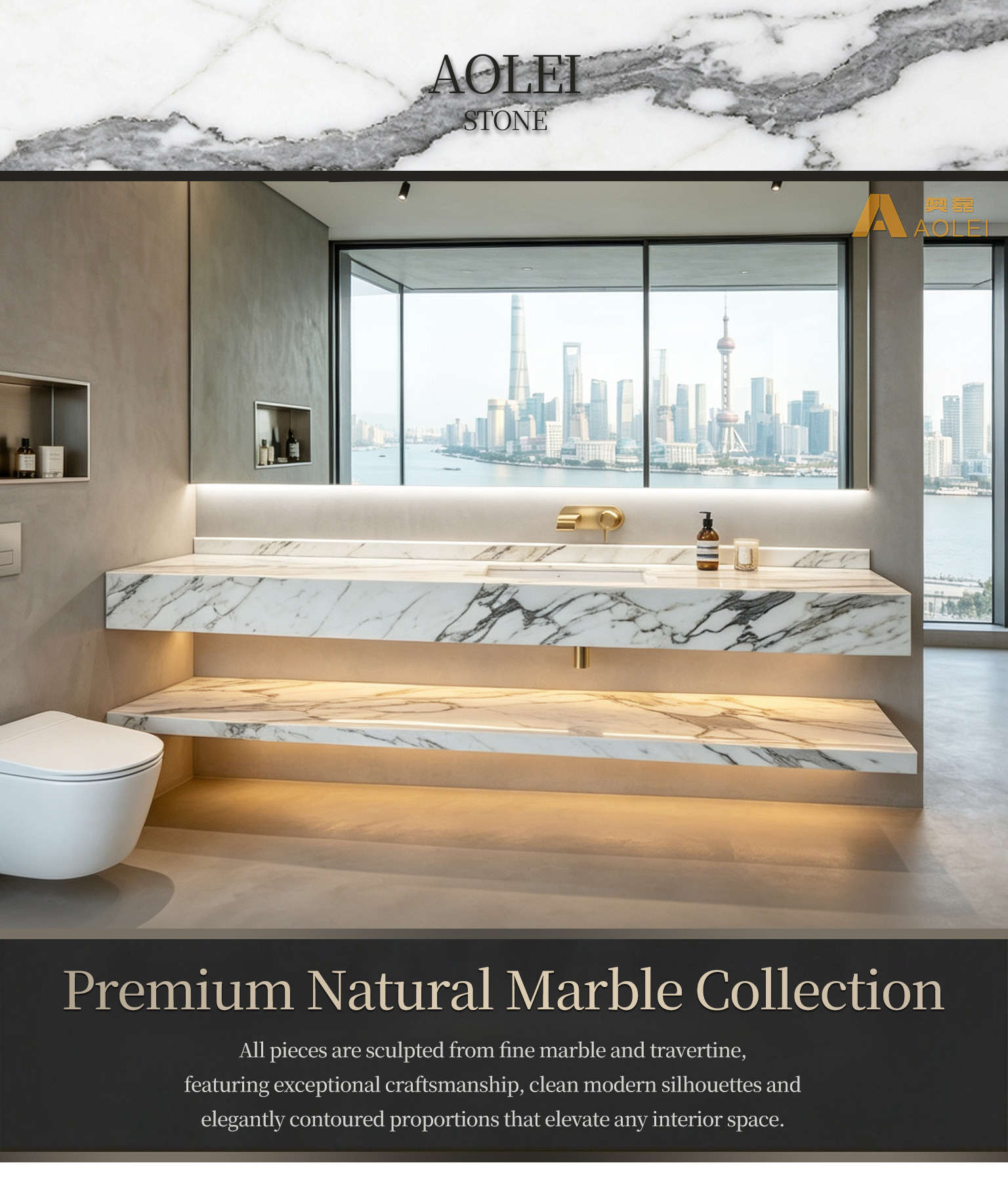 Statuario White Marble Double-Sink Floating Vanity Close-Up, Natural Stone Texture, Premium Craftsmanship & Polished/Honed Finish, Customized marble size