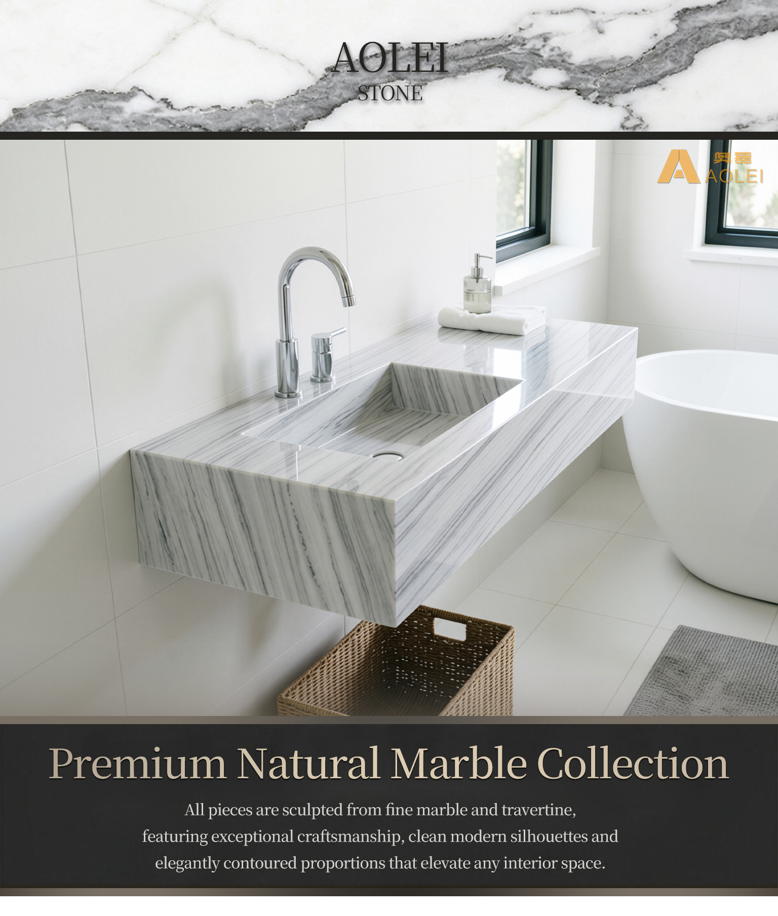Wooden White Marble Linear-Vein Wall-Mounted Vanity Close-Up, Natural Stone Texture, Premium Craftsmanship & Polished/Honed Finish, Customized marble size