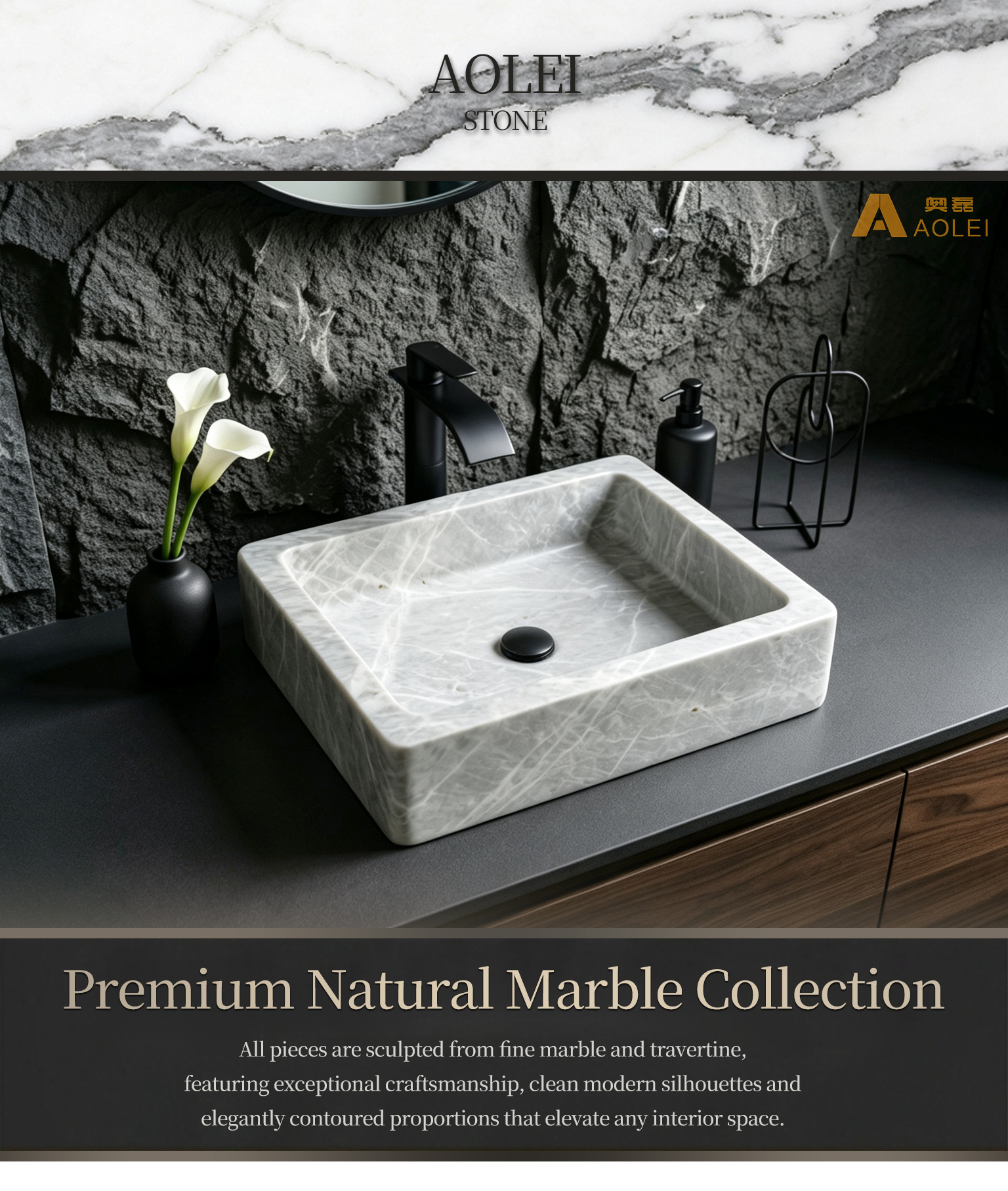 Grey Wood Vein Marble Square Basin Close-Up, Natural Marble Texture, Premium Craftsmanship & Honed Finish, Factory Direct Wholesale