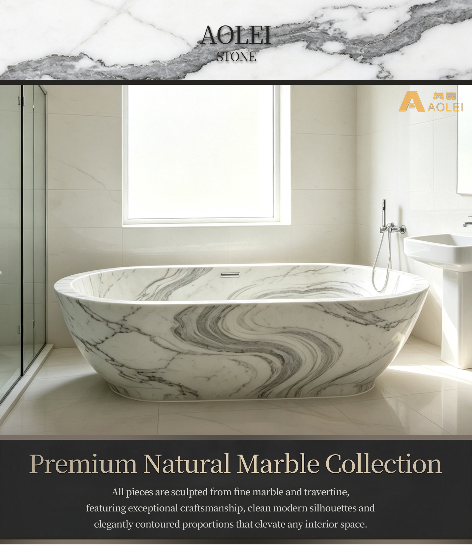 Panda White Marble Elegant Organic-Swirl Freestanding Bathtub Close-Up, Natural Stone Texture, Premium Craftsmanship & Polished/Honed Finish, Customized marble size