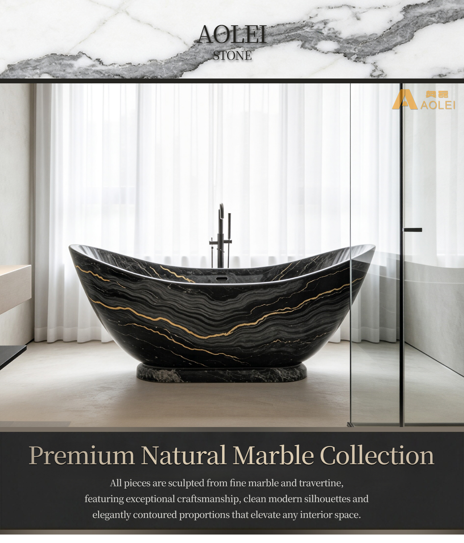 Nero Marquina Marble Dramatic Luxury Gold-and-Black Vein Freestanding Bathtub Close-Up, Natural Stone Texture, Premium Craftsmanship & Polished/Honed Finish, Customized marble size