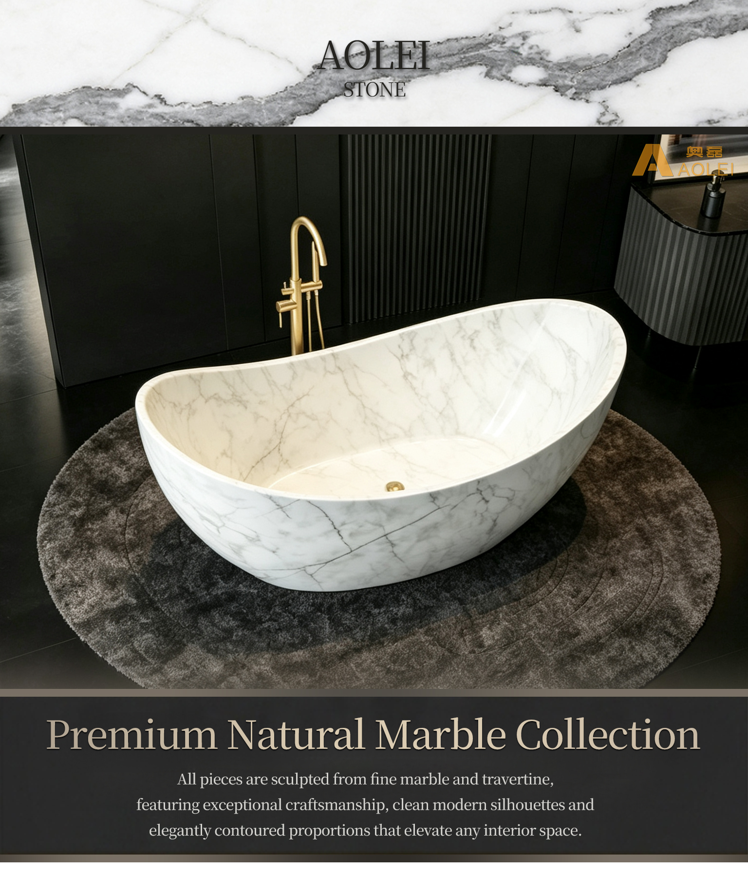 Bianco Carrara Marble Elegant Modern Symmetrical Curved-Rim Bathtub Close-Up, Natural Stone Texture, Premium Craftsmanship & Polished/Honed Finish, Customized marble size