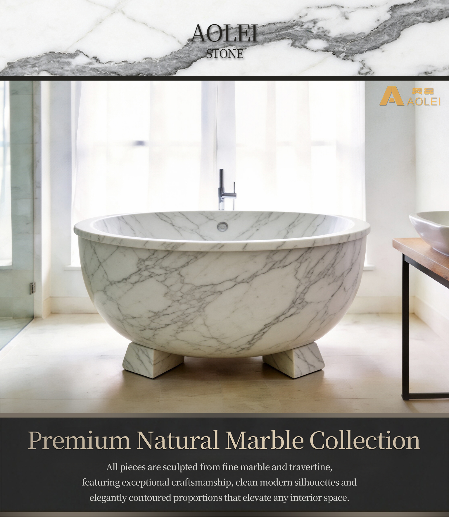 Volakas Marble Classic Retro-Style Four-Footed Pedestal Round Bathtub Close-Up, Natural Stone Texture, Premium Craftsmanship & Polished/Honed Finish, Customized marble size