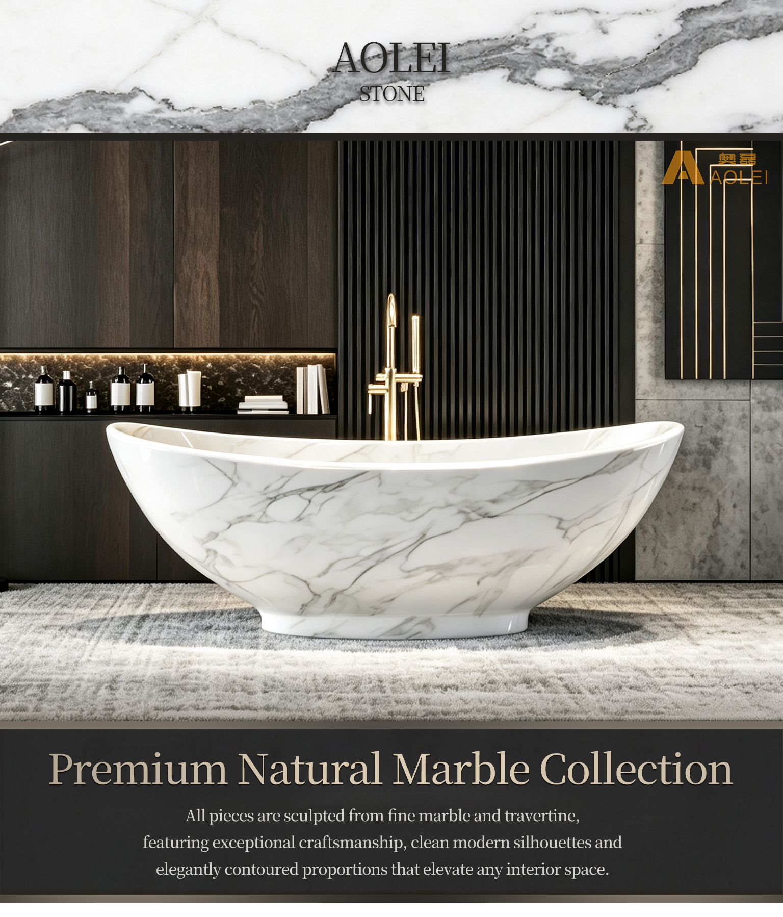 Statuario White Marble Contemporary Minimalist Low-Base Boat-Shaped Bathtub, Luxury Master Bathroom, Factory Direct Wholesale